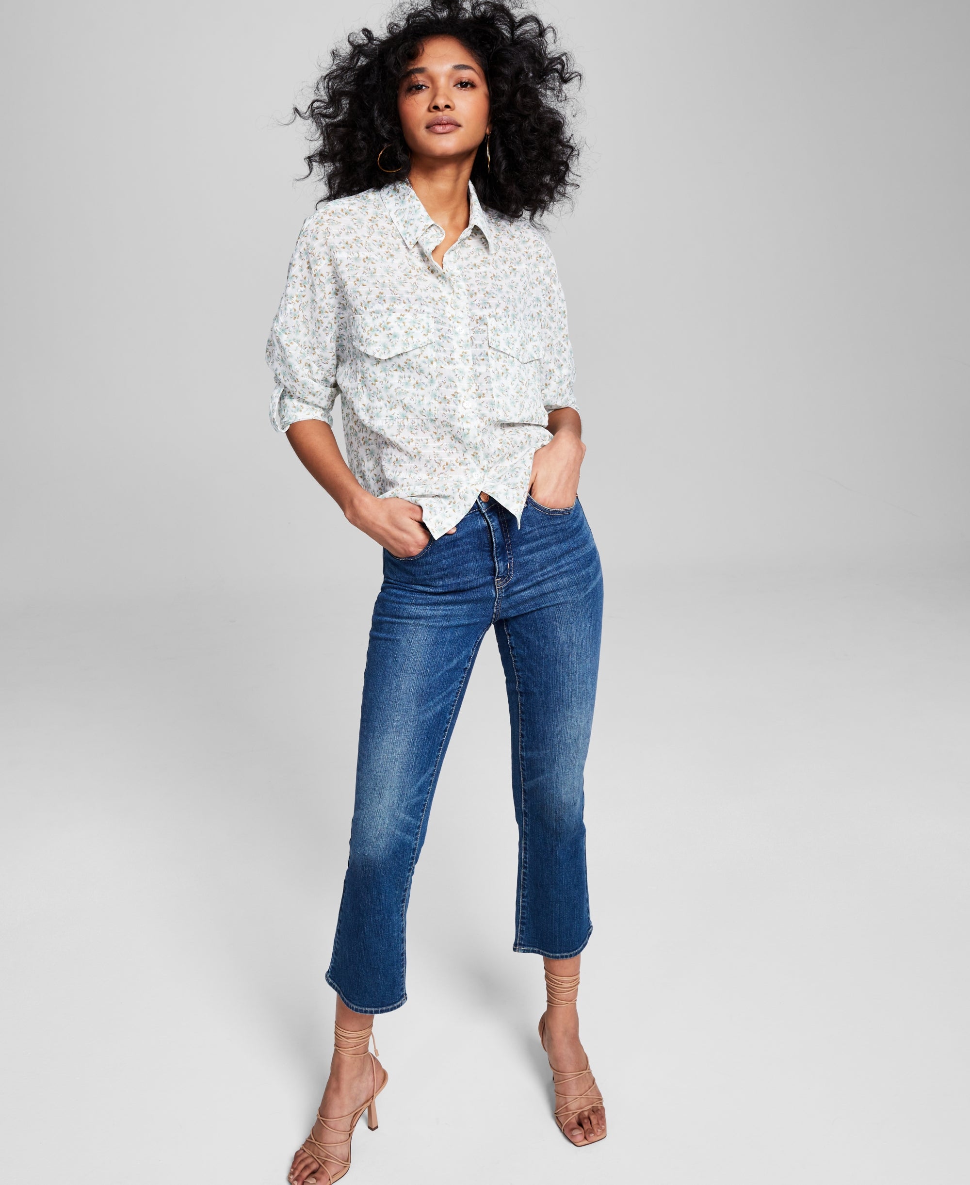 Women's Floral-Print Utility Shirt Blue Floral XS