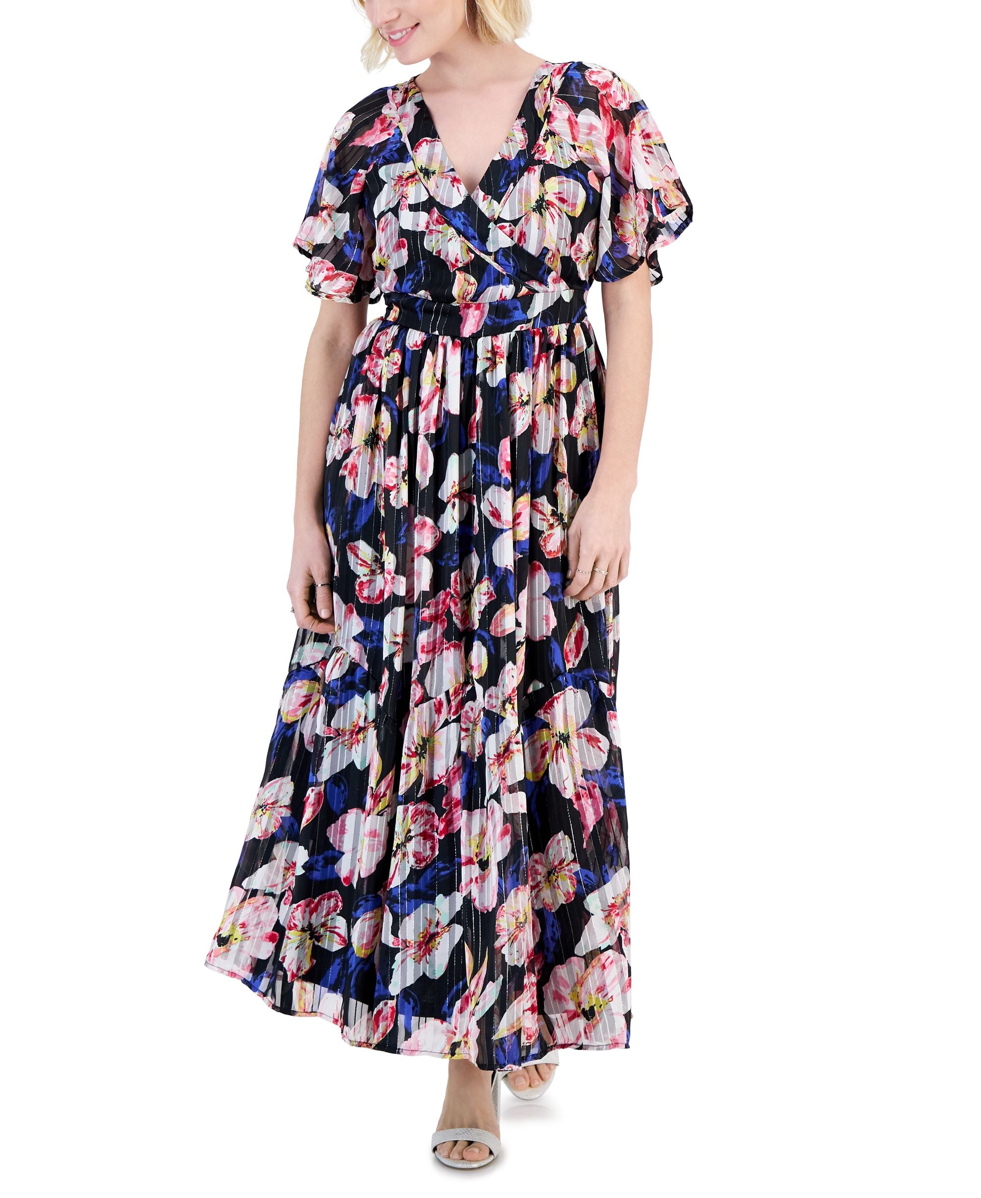 Petite Floral Metallic-Striped Maxi Dress