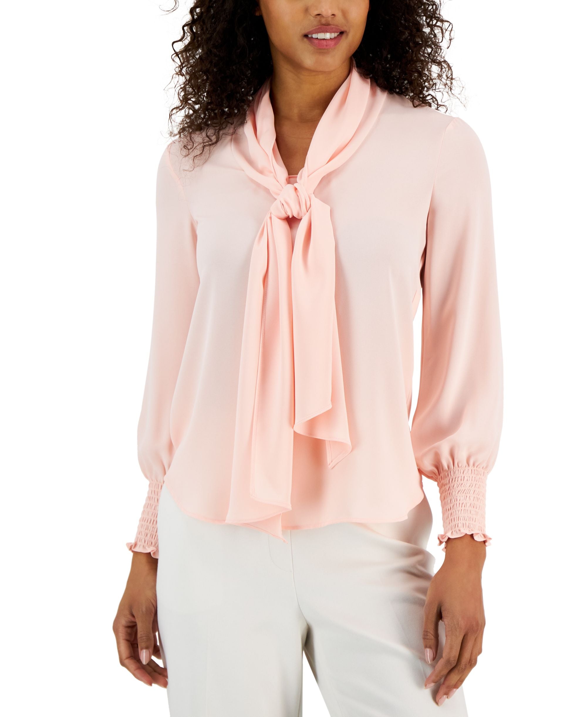 Women's Chiffon Smocked-Cuff Bow Blouse