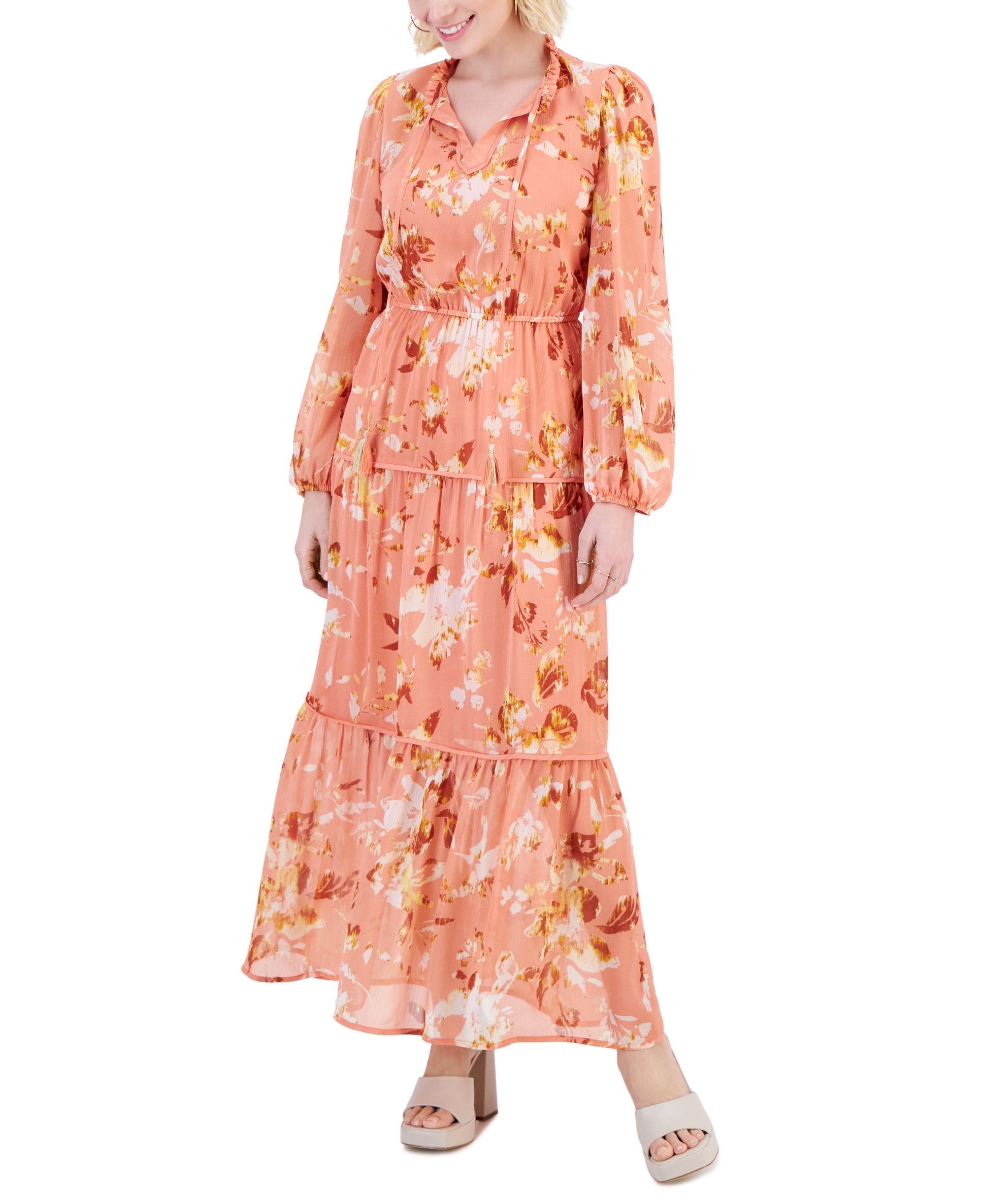 Petite Tiered-Skirt Tie-Neck Blouson-Sleeve Dress