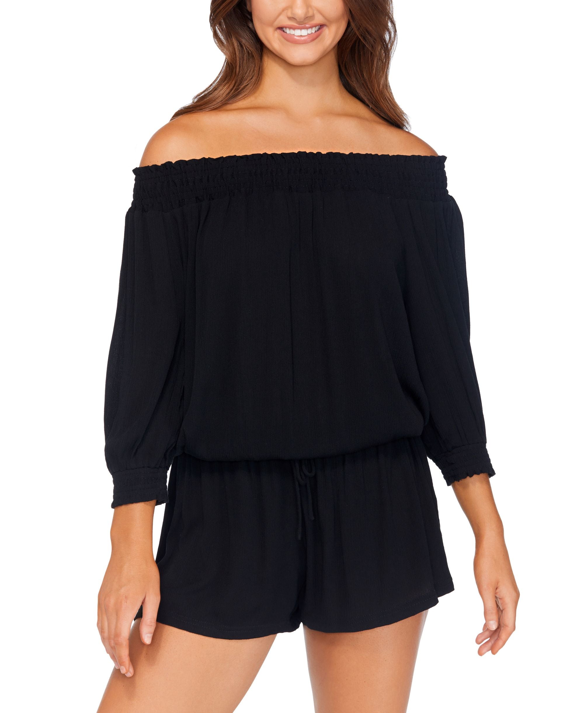 Juniors' Solid West Coast Off-The-Shoulder Romper Cover-Up