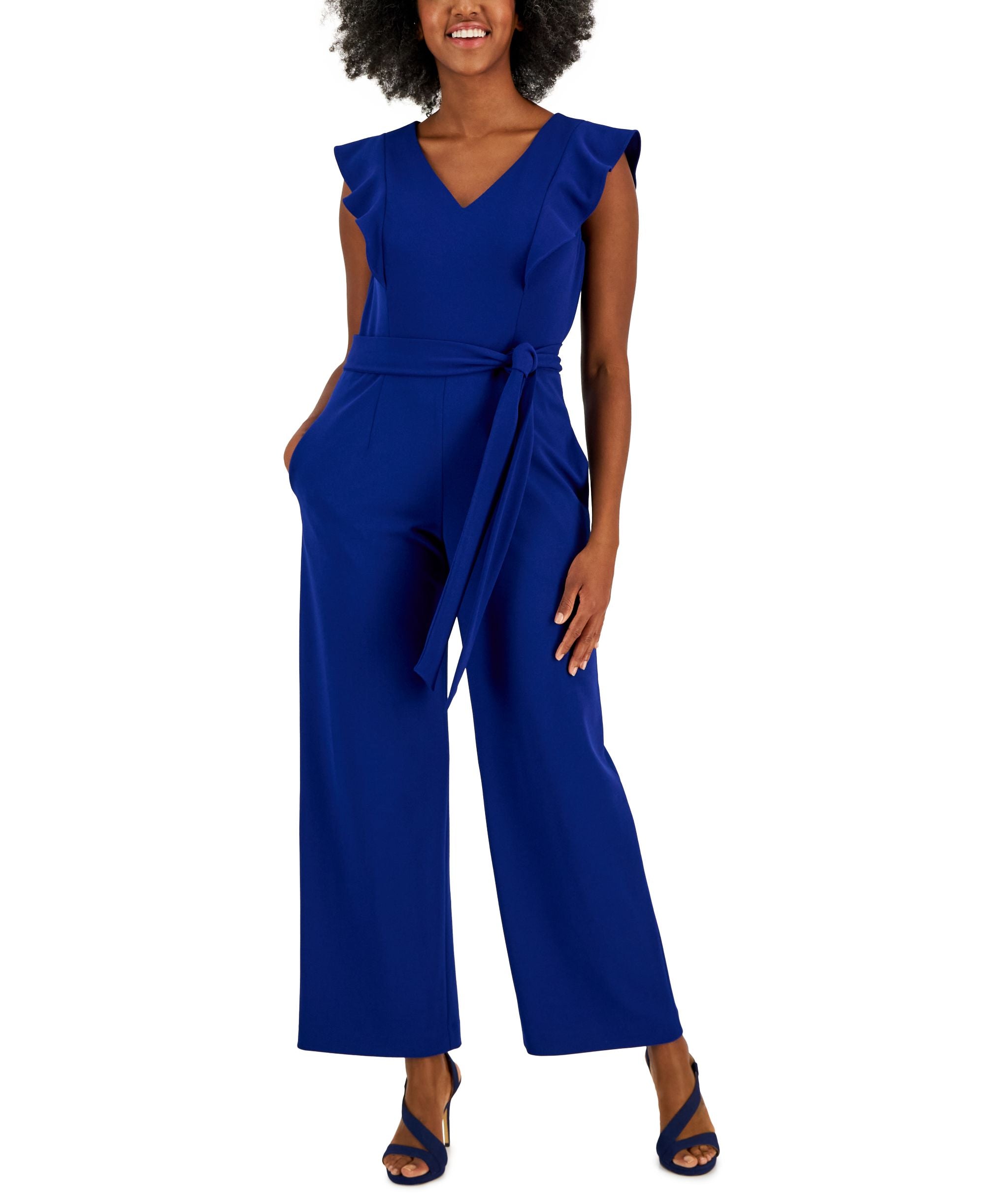 Scuba Crepe V-Neck Flutter-Sleeve Belted Jumpsuit