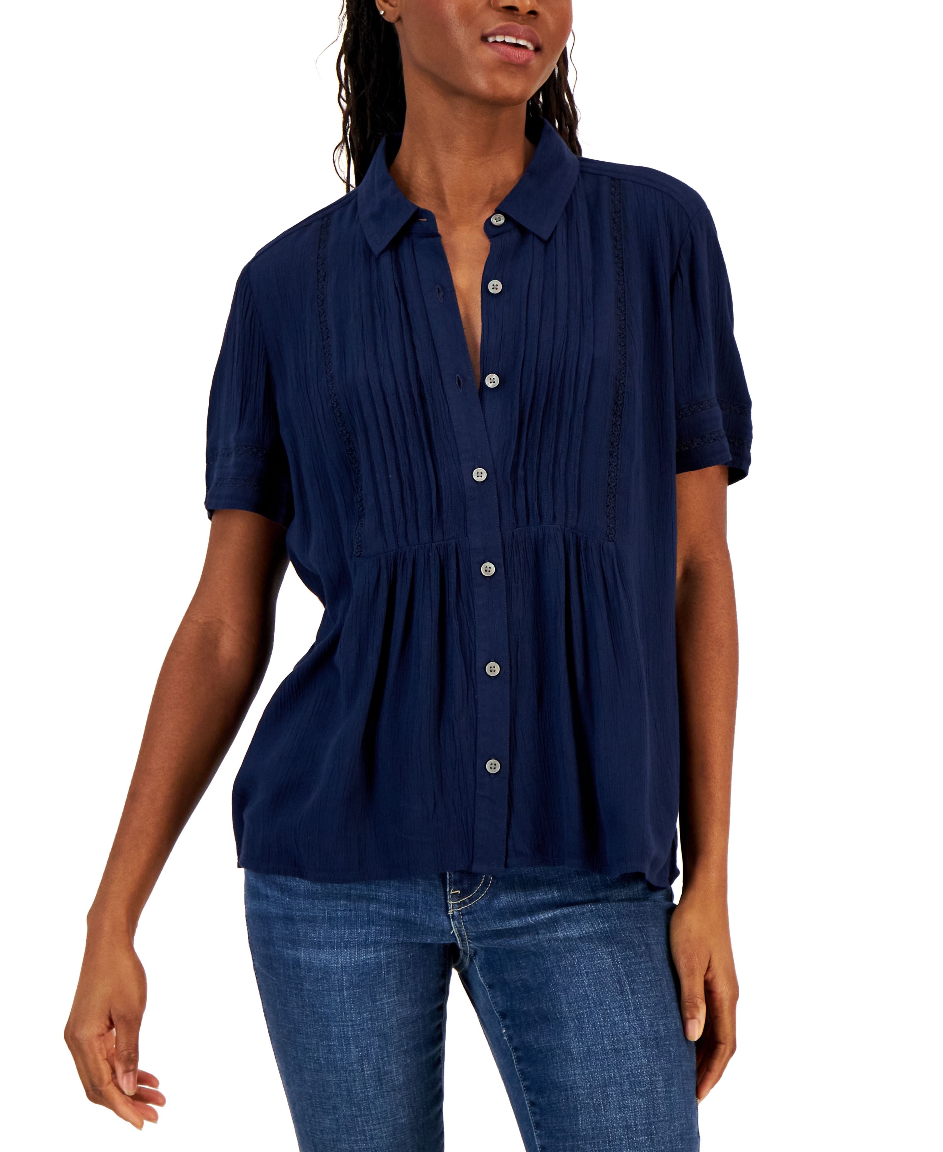 Petite Pintuck Short-Sleeve Button-Front Shirt