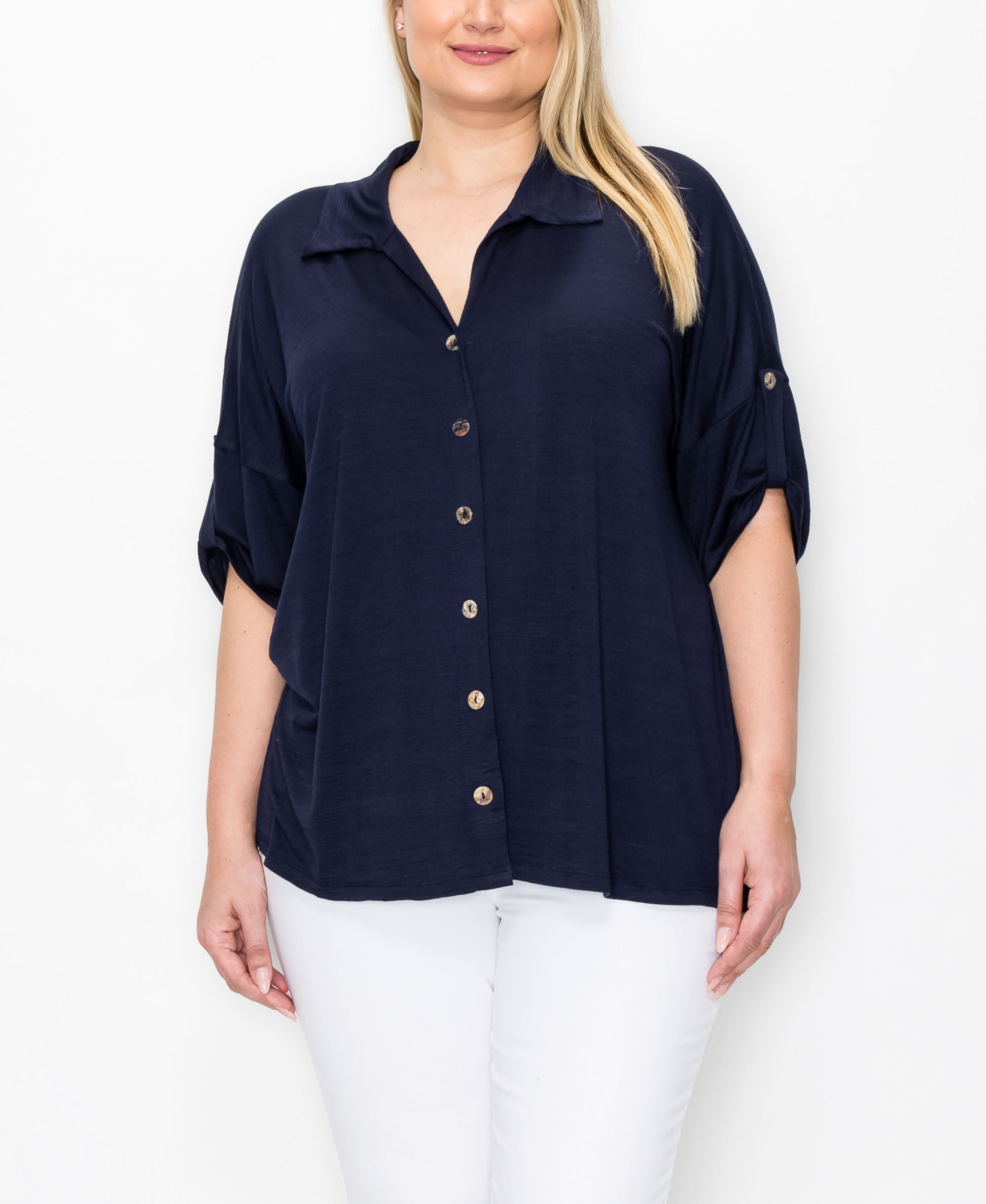 Coin 1804 Plus Size Campshirt Rolled Tab Short Sleeve Top