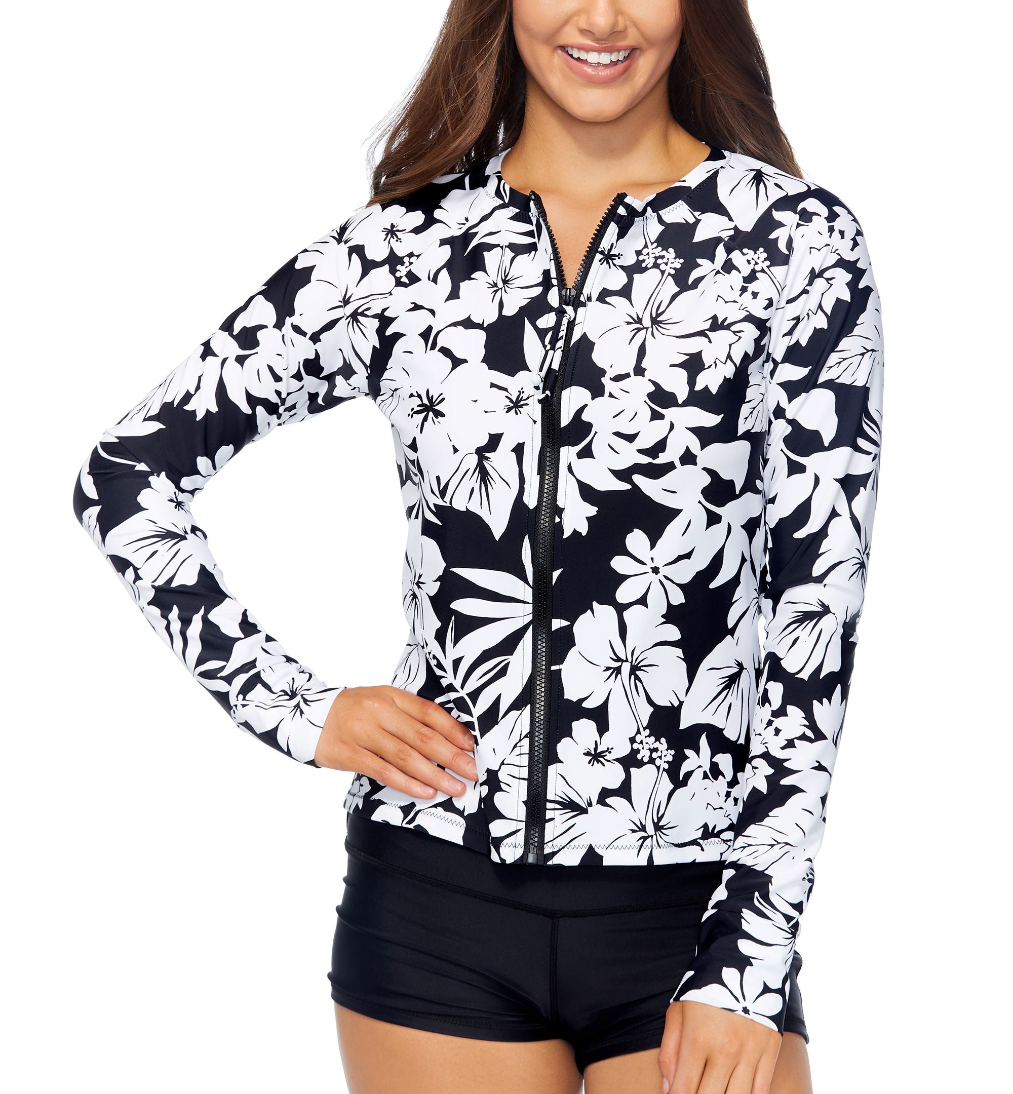 Juniors' Floral Long-Sleeve Zip-Front Rash Guard