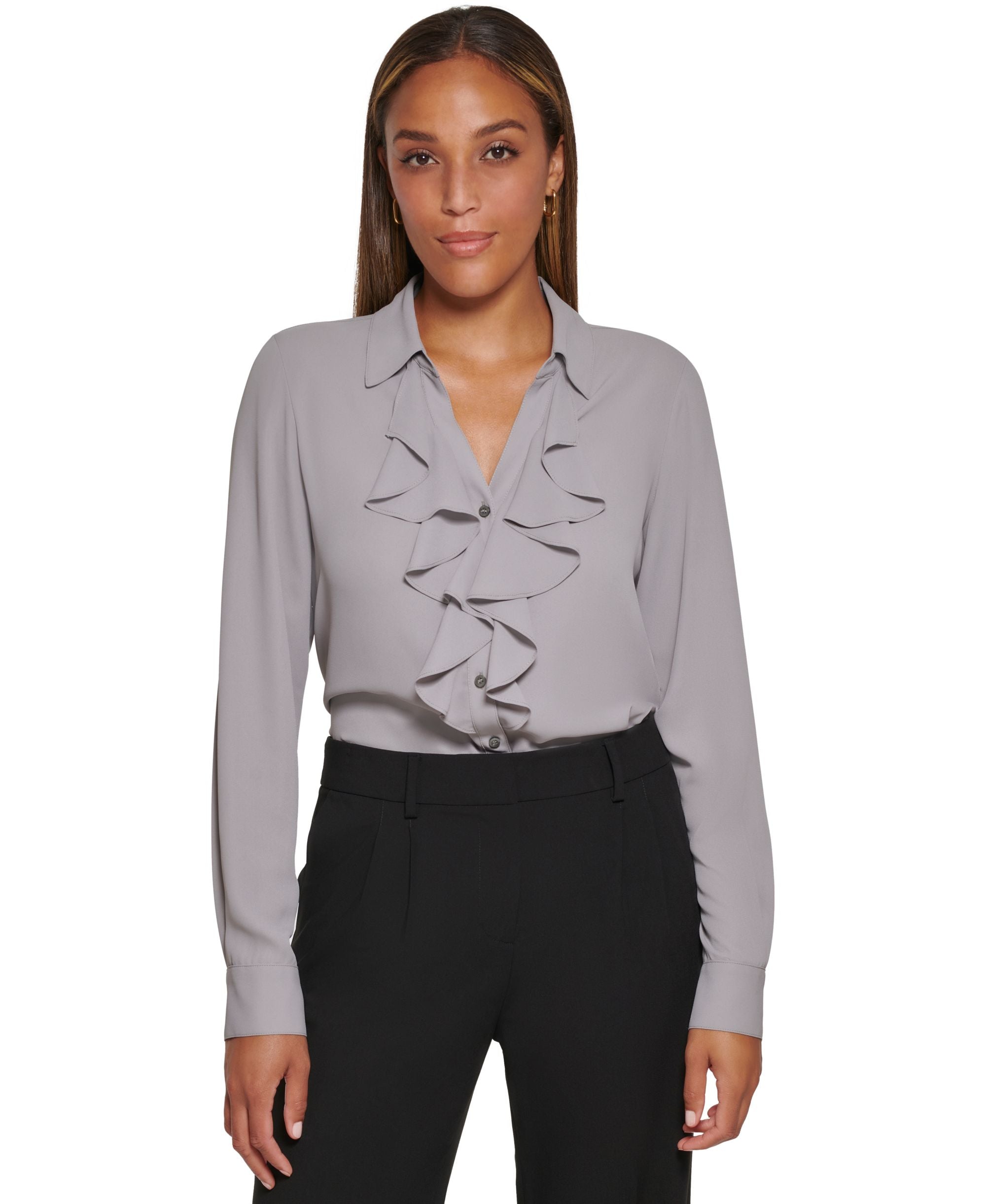 Women's Ruffle-Front Button-Up Blouse