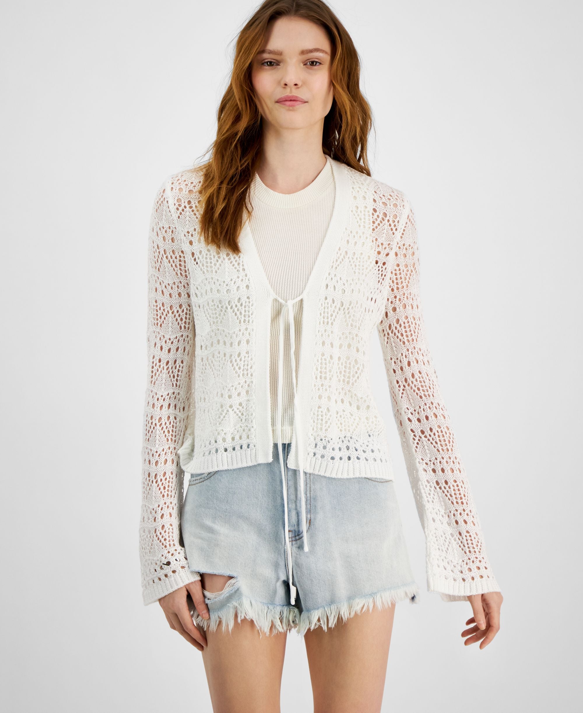 Juniors' Open-Knit Tie-Front Cardigan Sweater