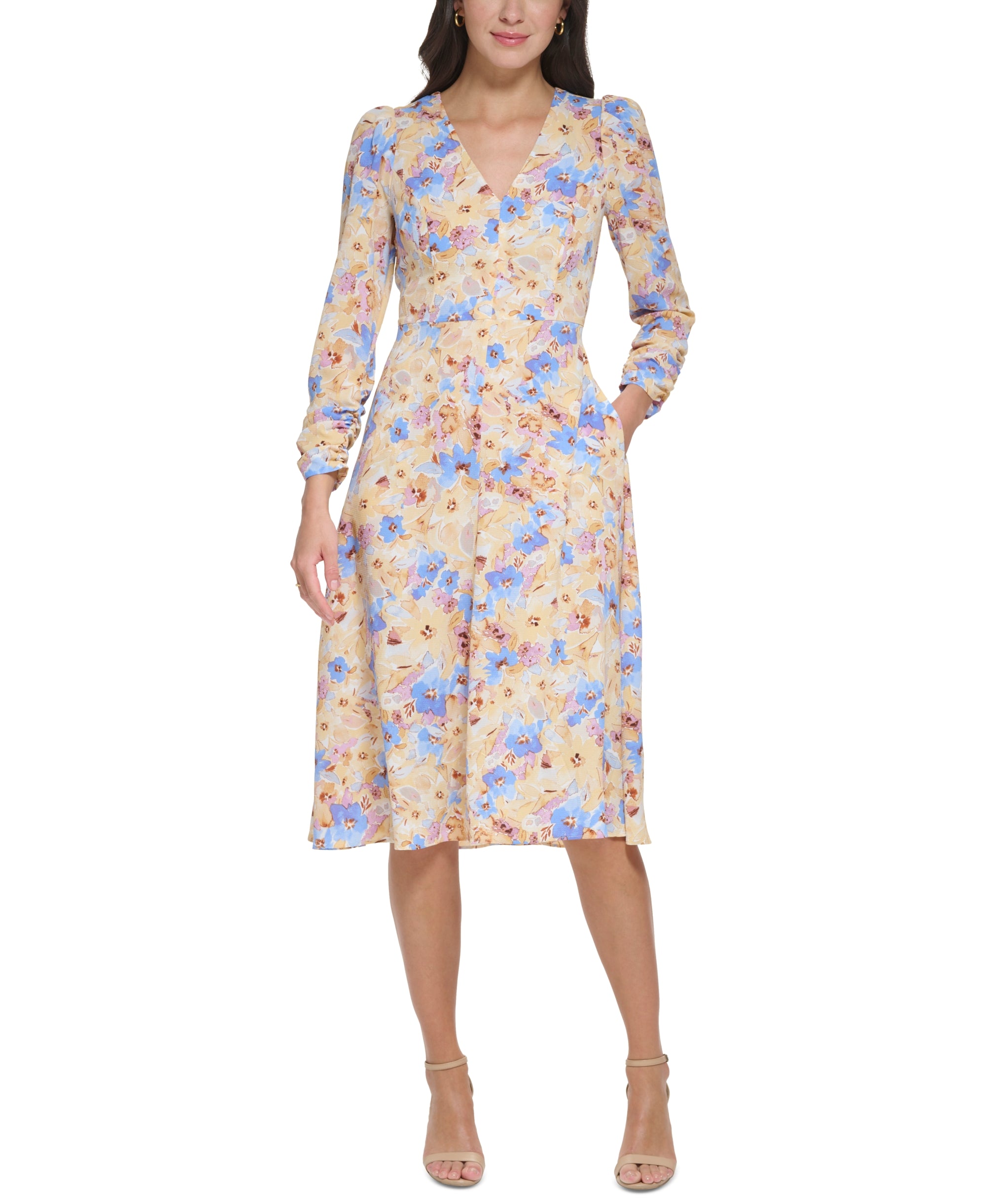 Women's Floral-Print Cutout-Back Pebble-Crepe Midi Dress