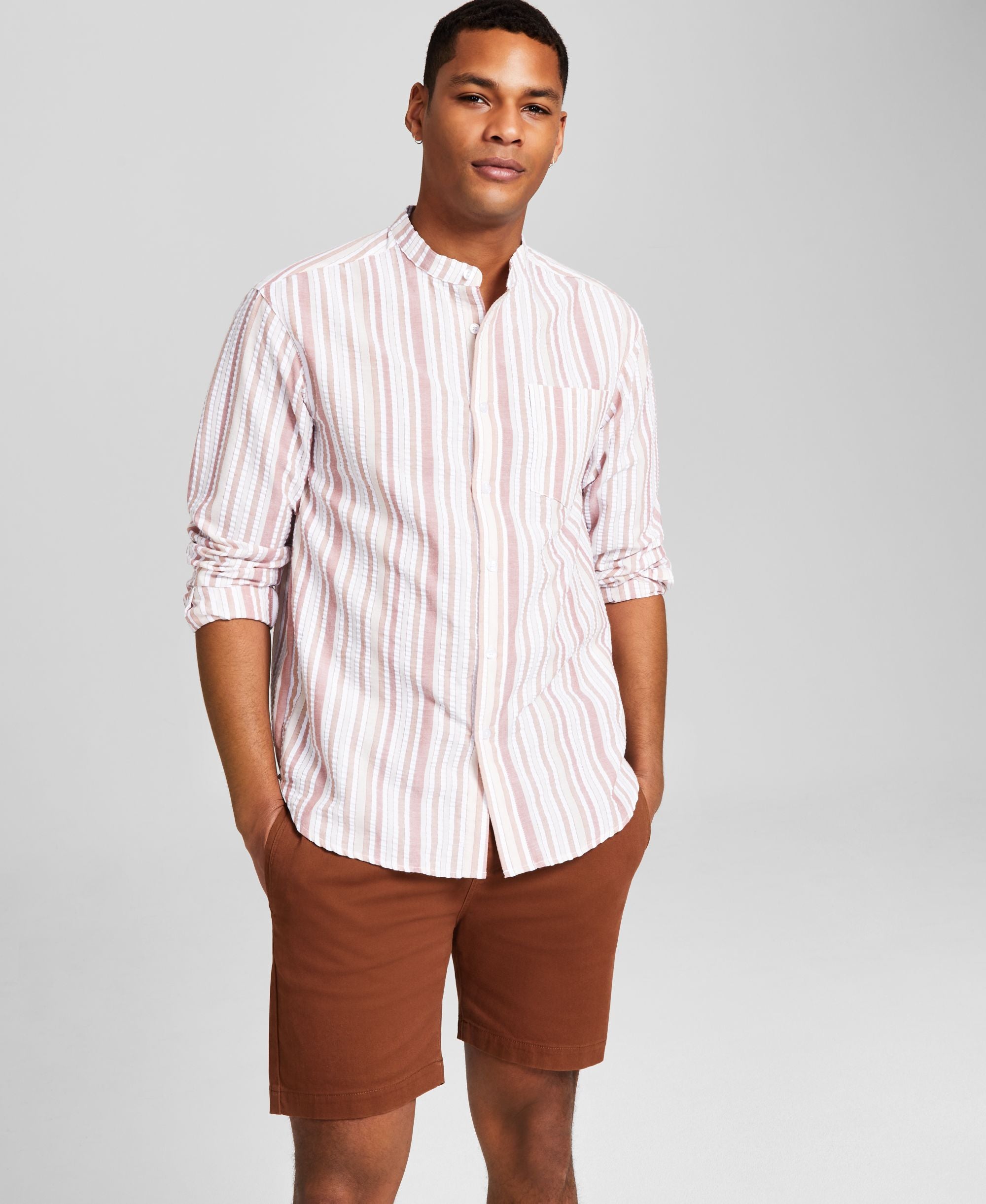 Men's Banded Collar Seersucker Shirt