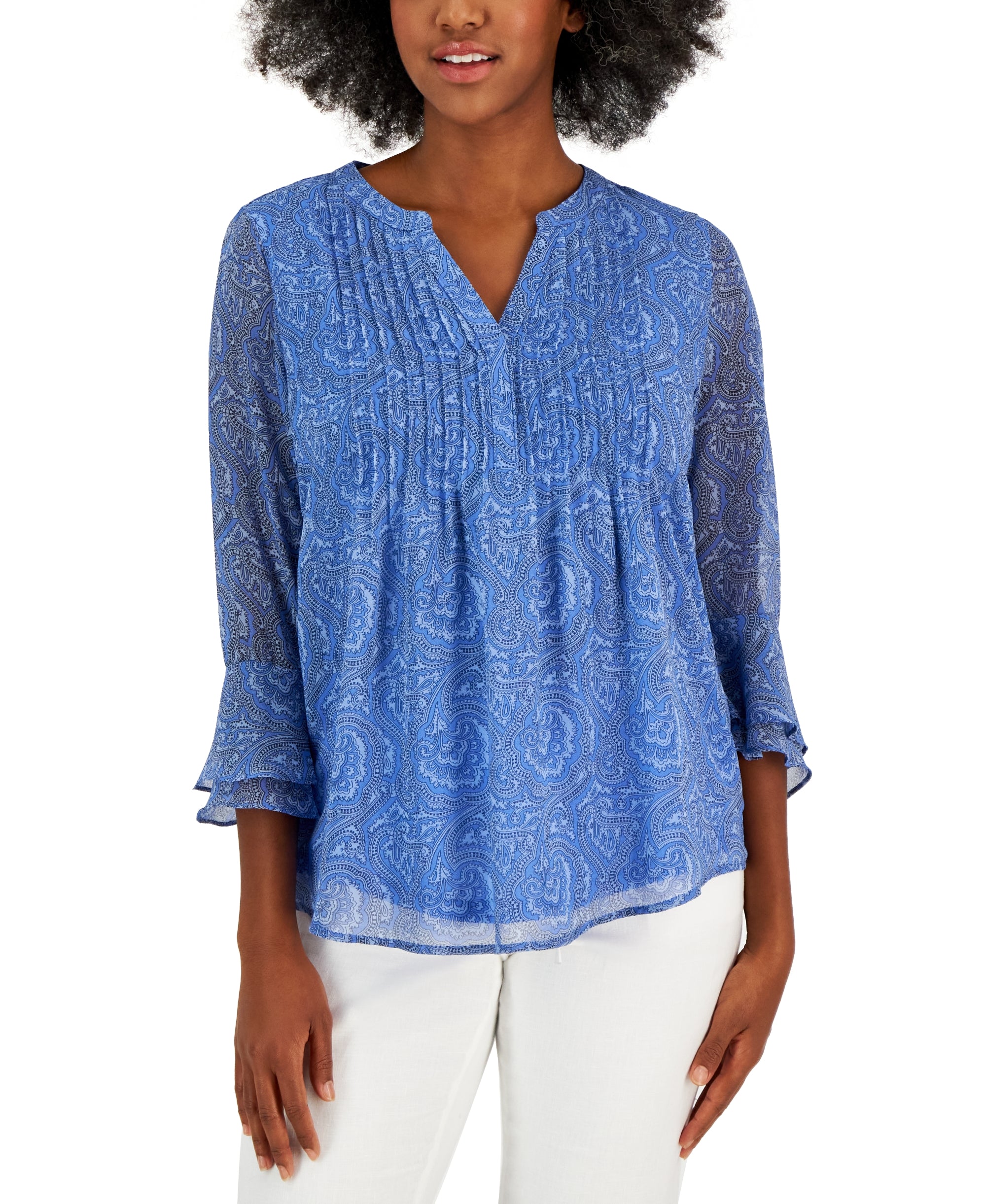 Petite Pleated Paisely Pintuck Top