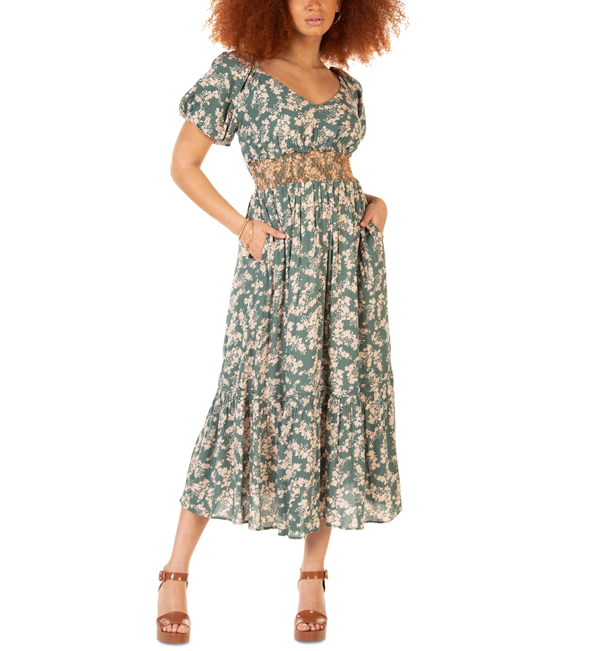 Women's Short-Sleeve Smocked-Waist Tiered Maxi Dress