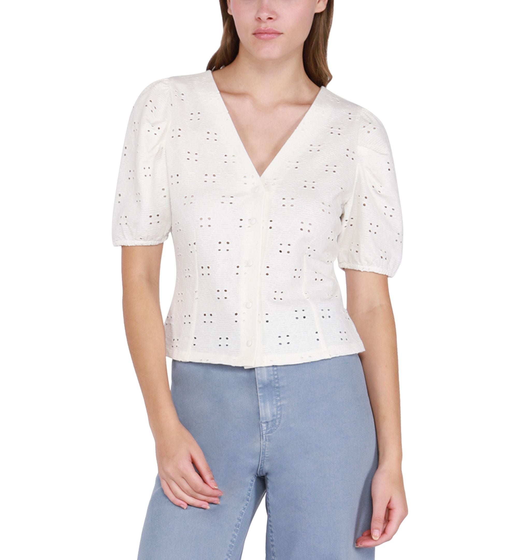 Women's Puff-Sleeve V-Neck Button-Down Eyelet Top