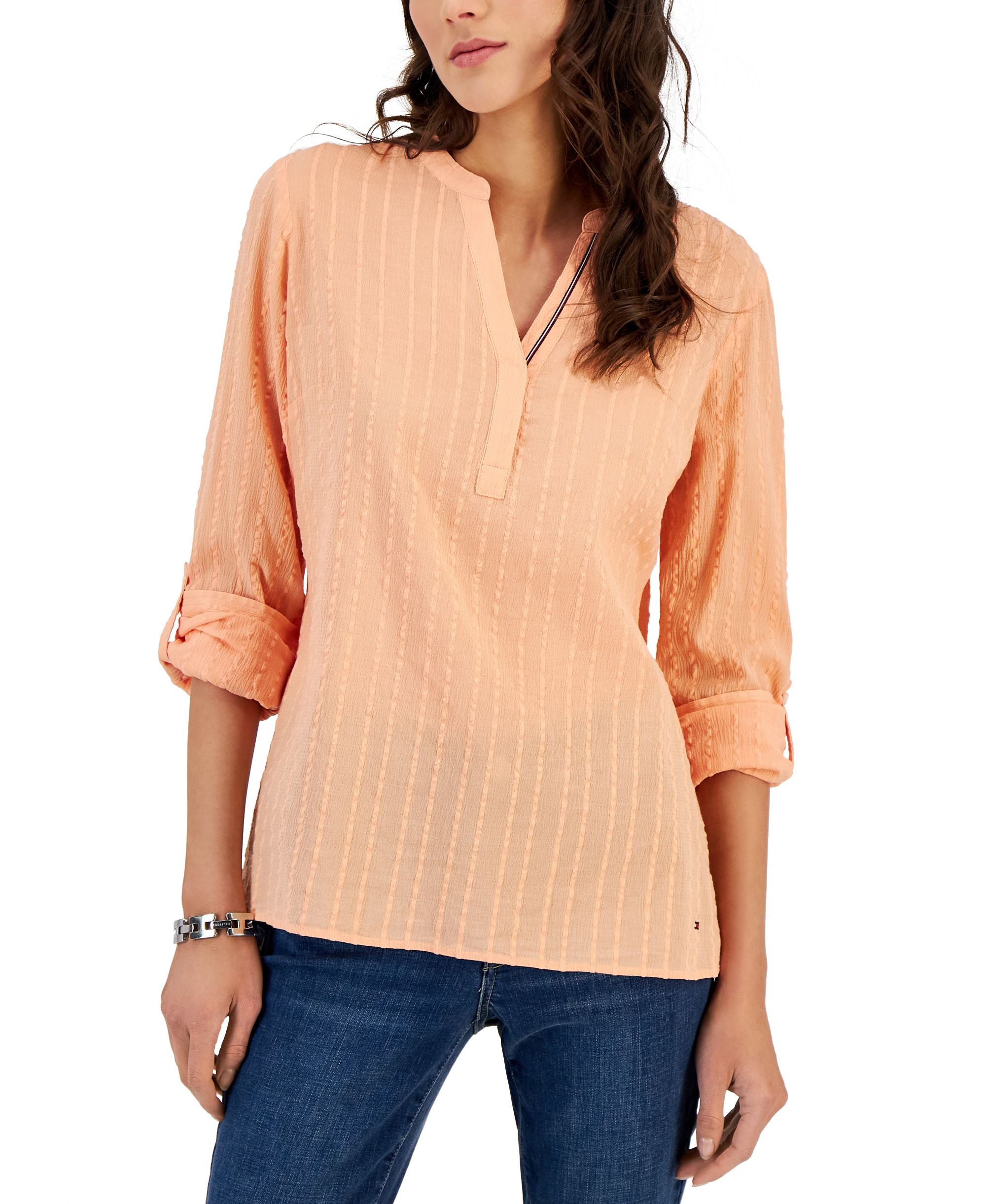 Women's Roll-Tab Textured Tunic Top
