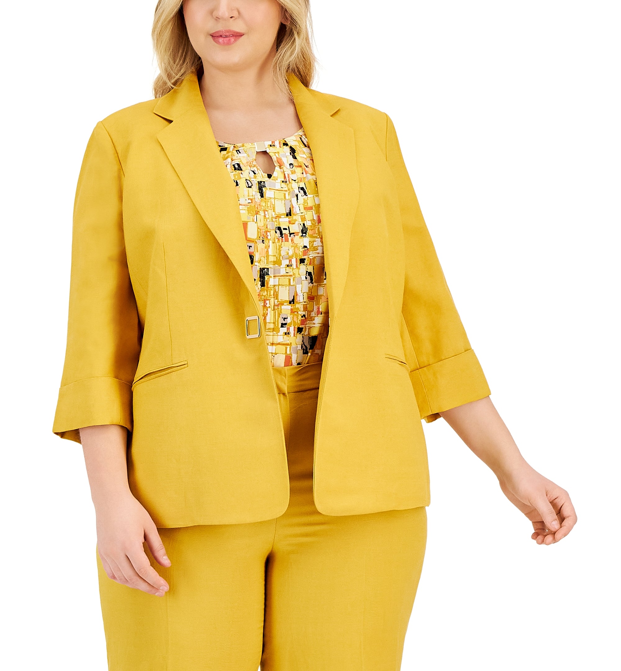 Plus Size Notch-Lapel Linen Snap-Front 3/4-Sleeve Blazer
