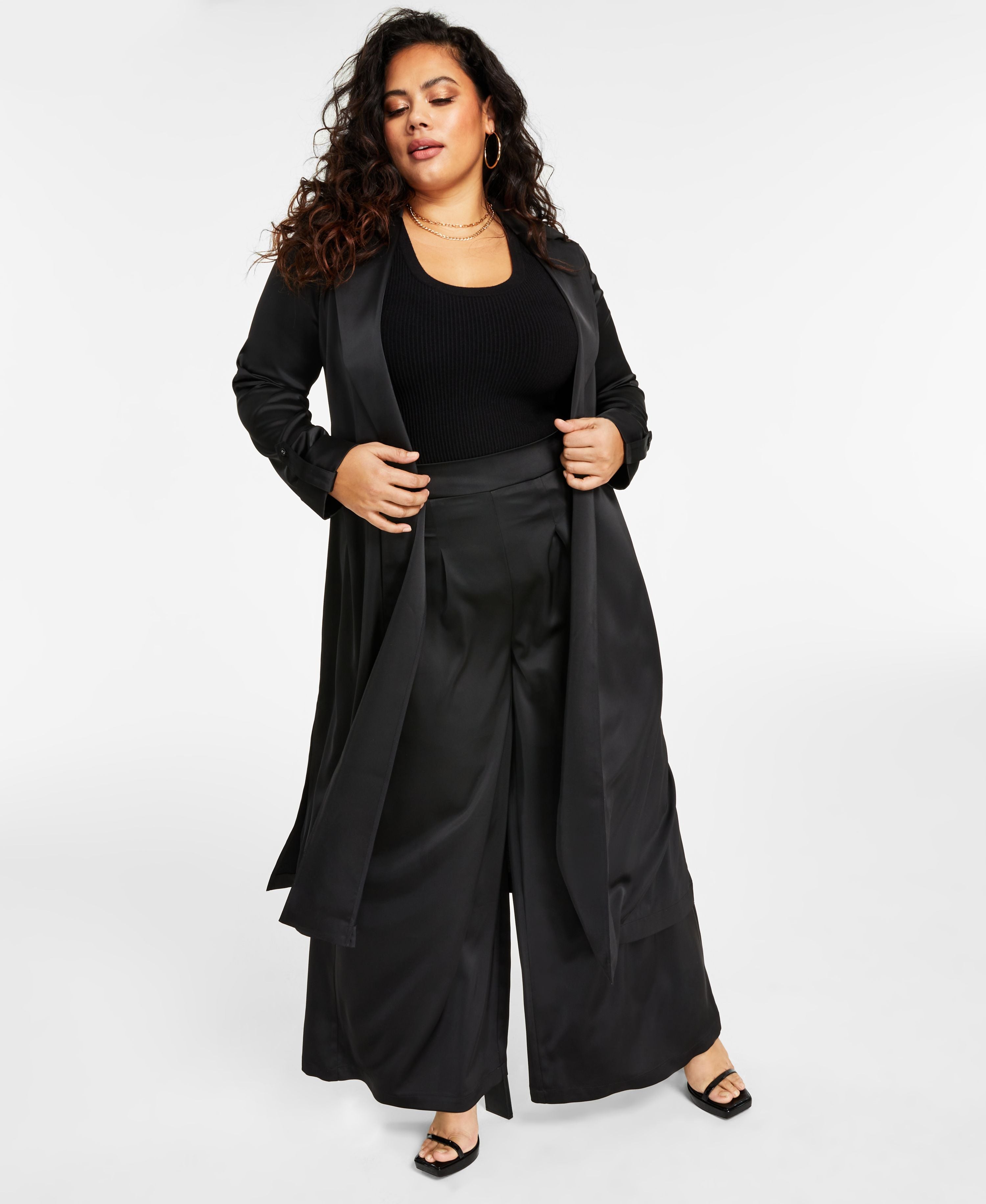 Trendy Plus Size Satin Collared Duster