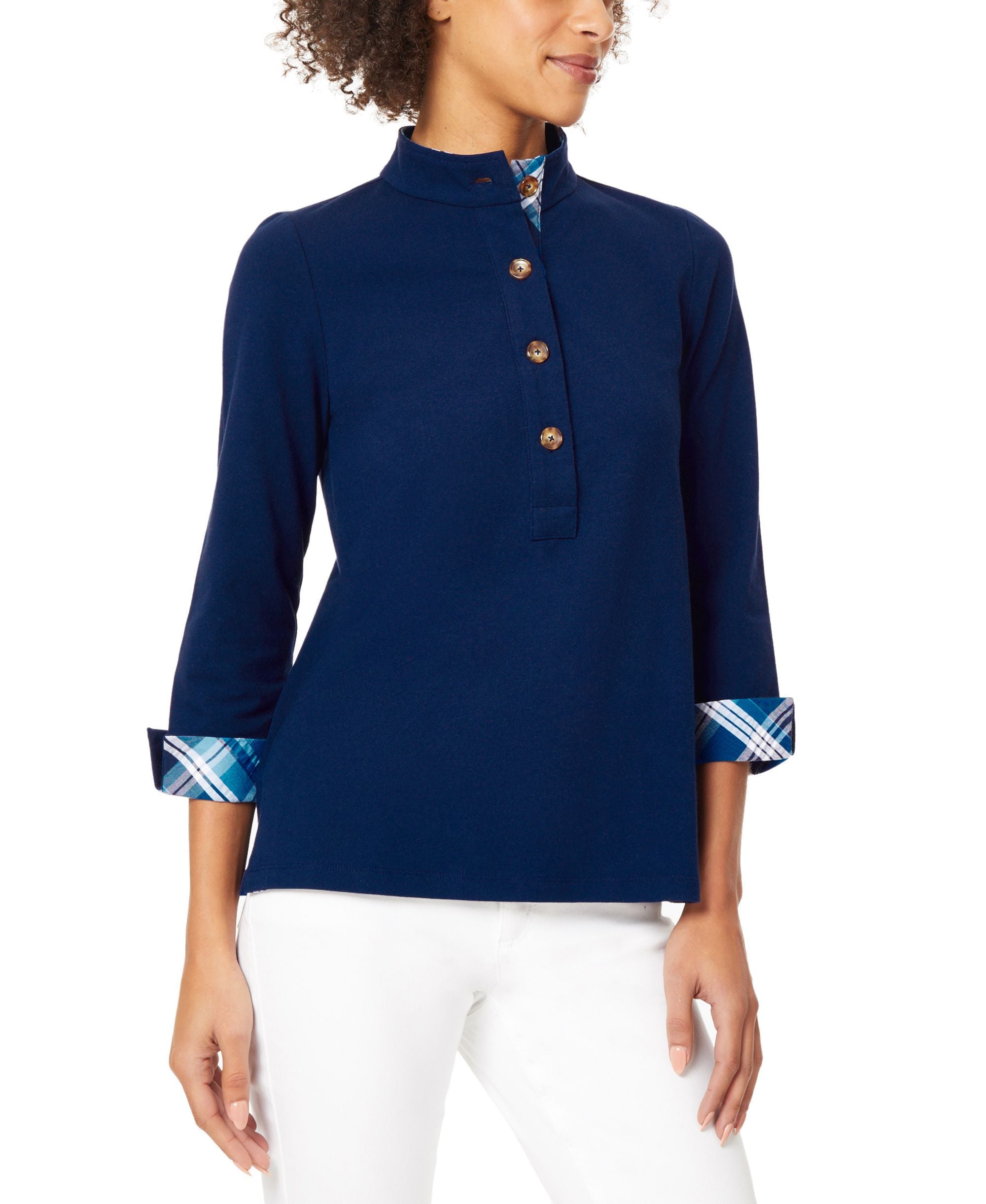 Women's Coastal Knit and Woven Combination Button Neck Tunic