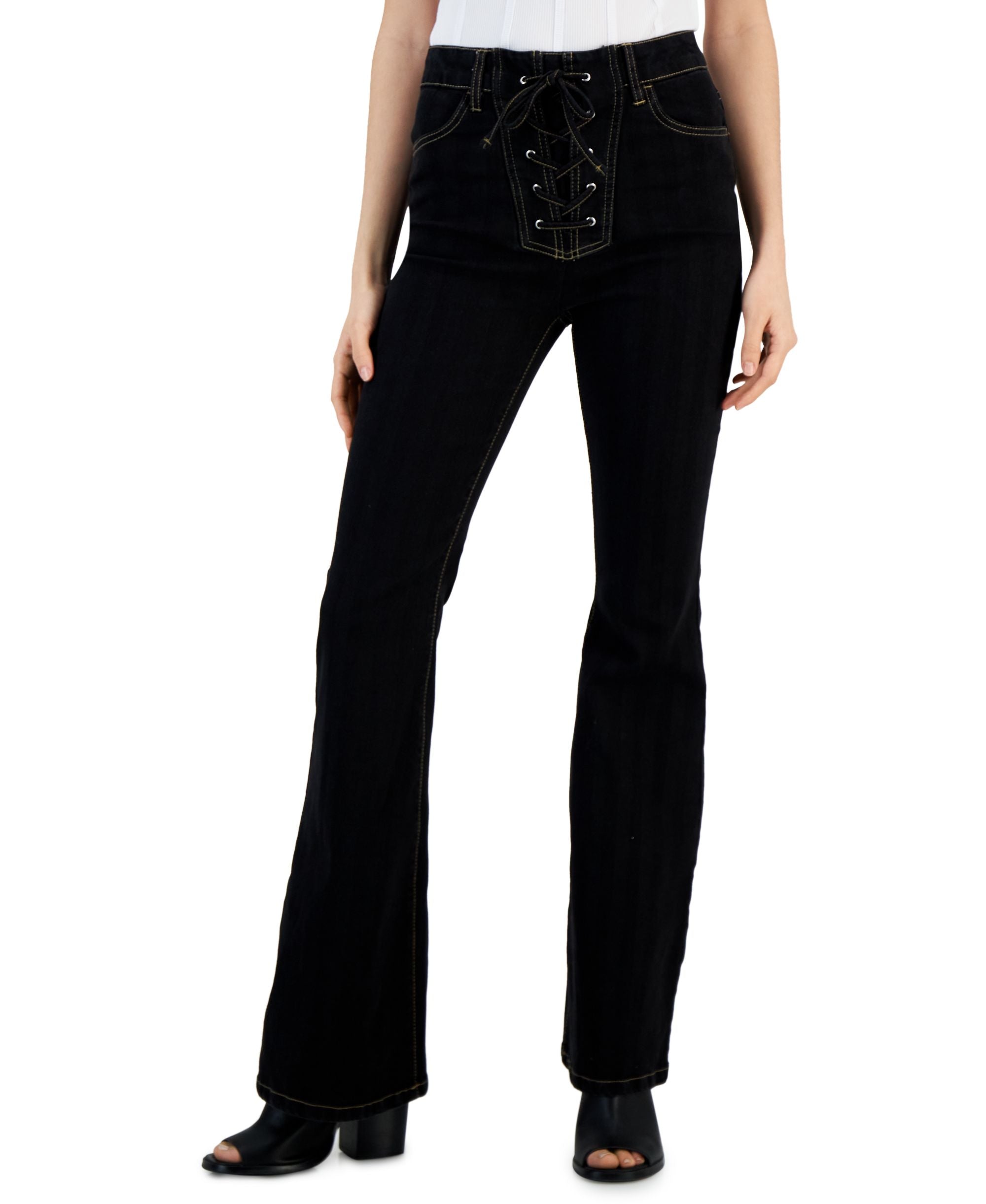 Juniors' High-Rise Lace-Up Flared Jeans
