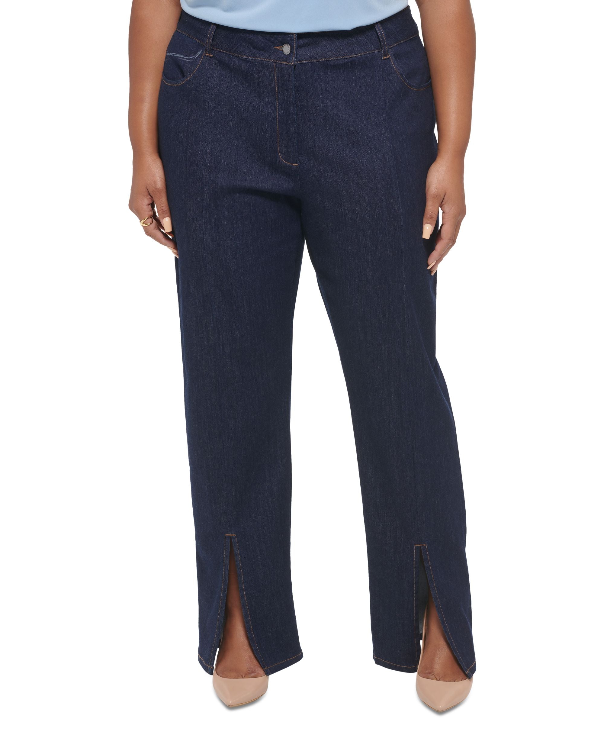 Plus Size Slim-Leg Split-Front Denim Pants