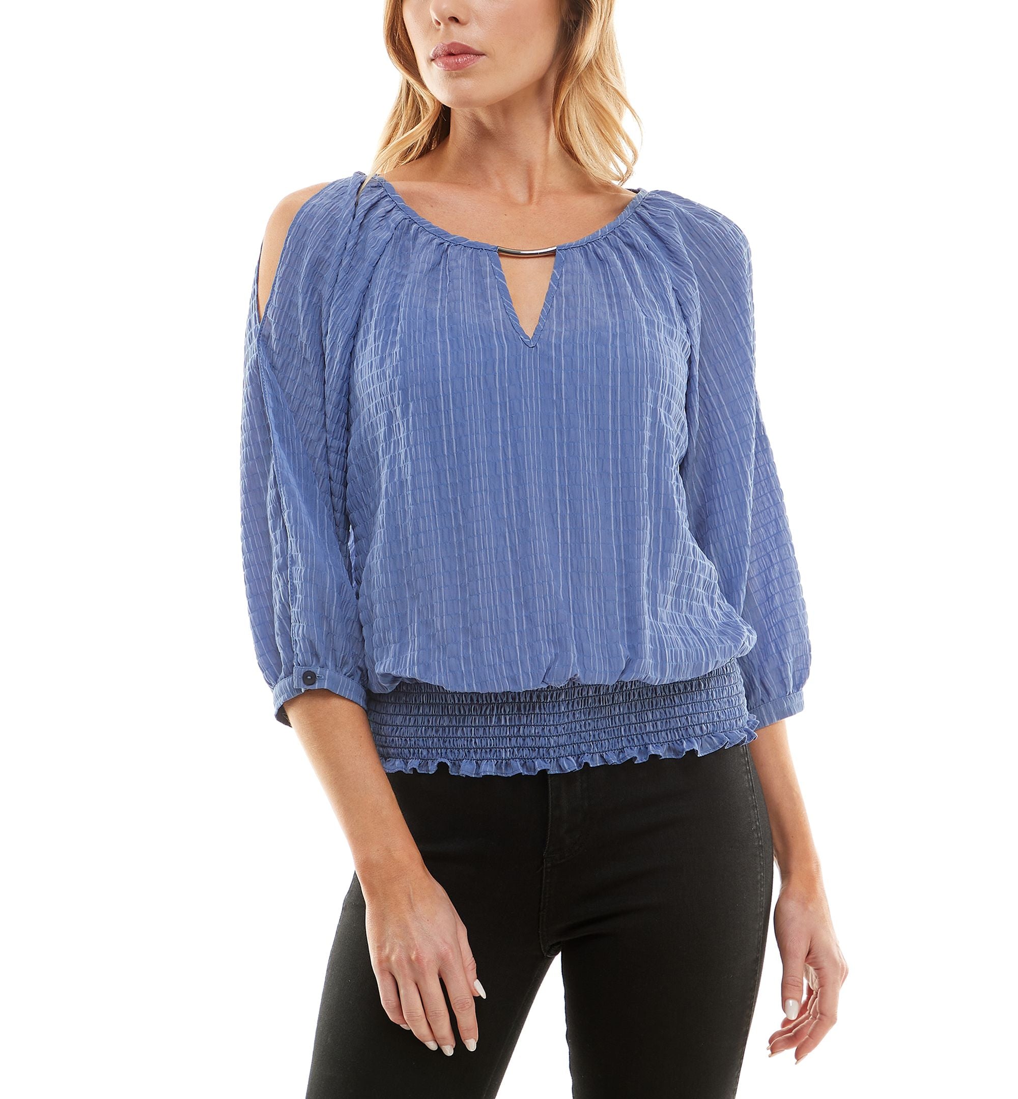 Juniors' Textured Cold-Shoulder Smocked-Hem Top
