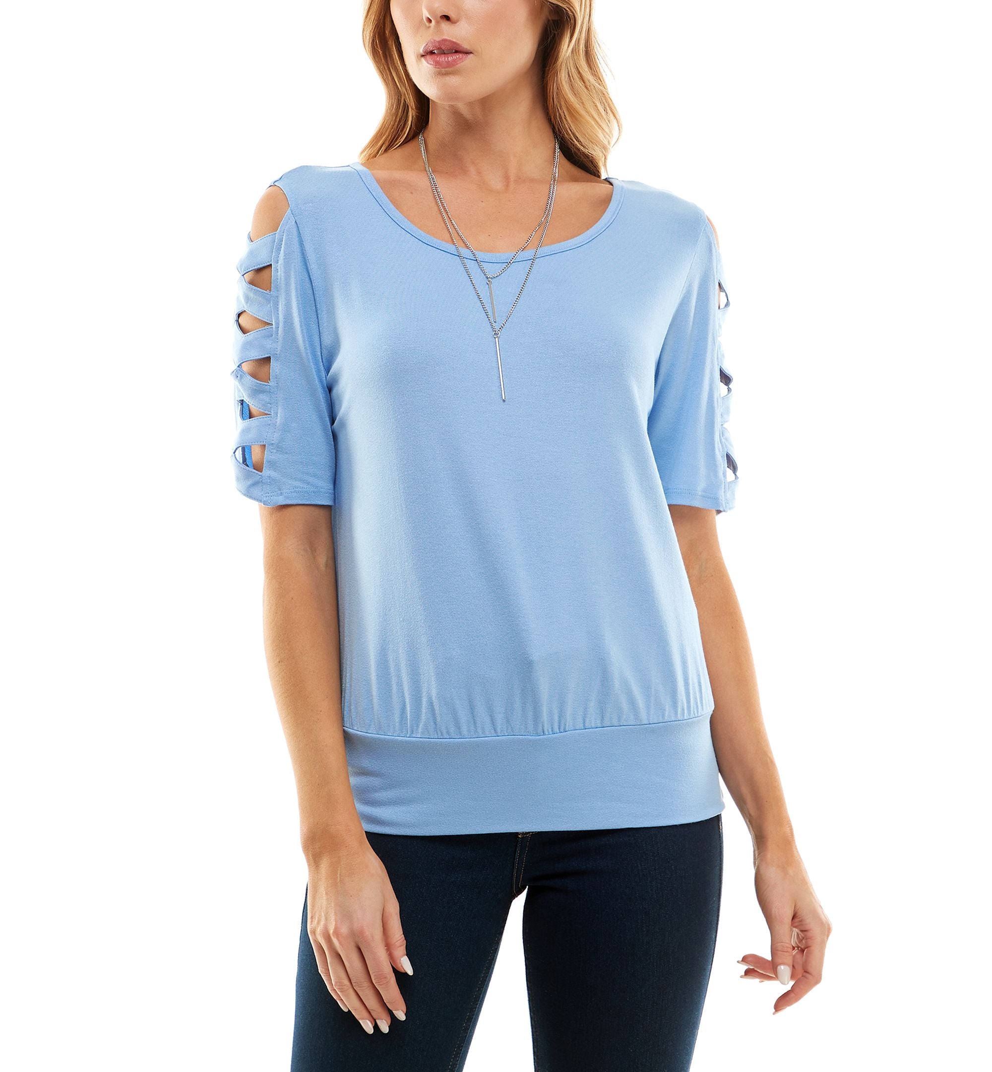 Juniors' Round-Neck Lattice-Elbow-Sleeve Knit Top