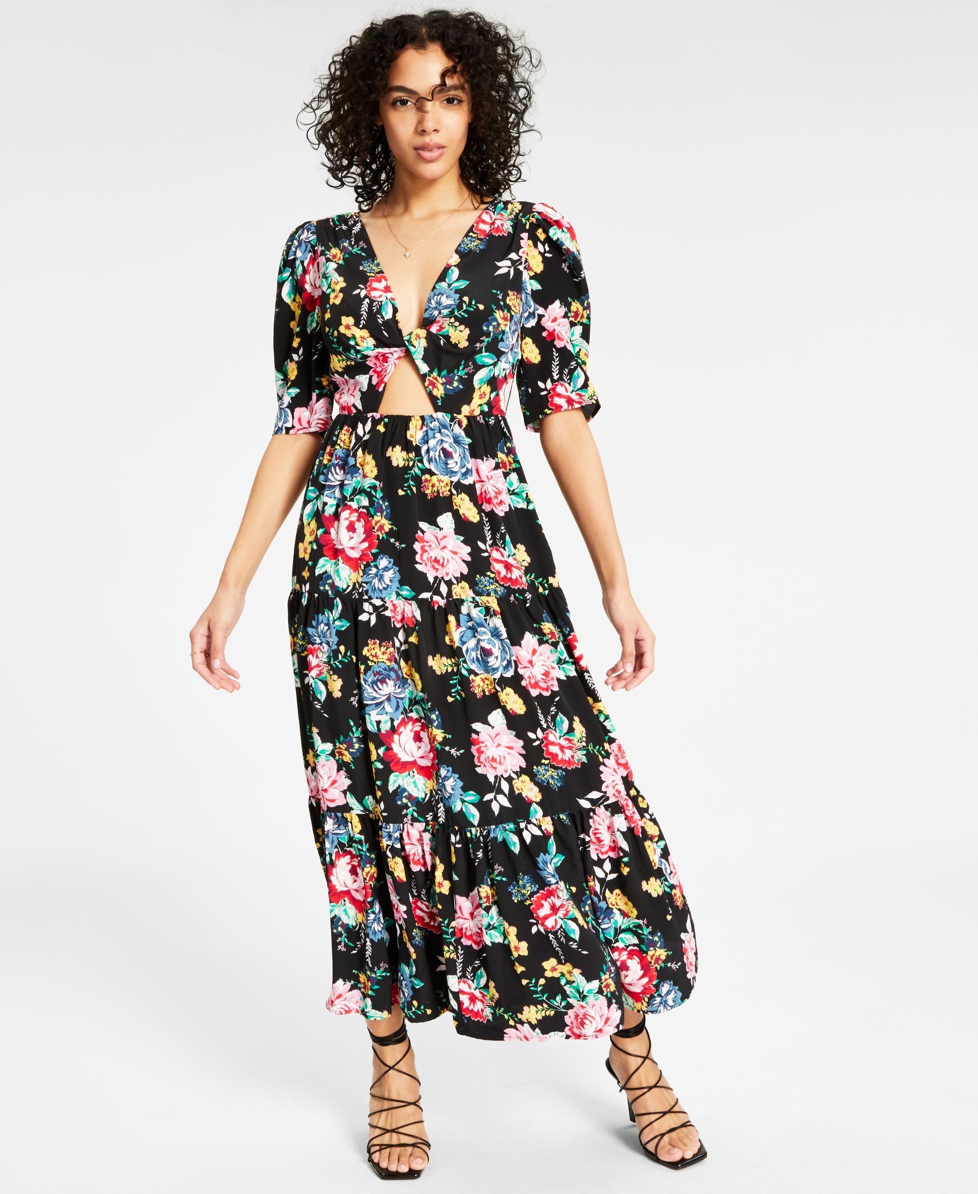 Women's Printed Twist-Front Cut-Out Tiered Keyhole Midi Dress