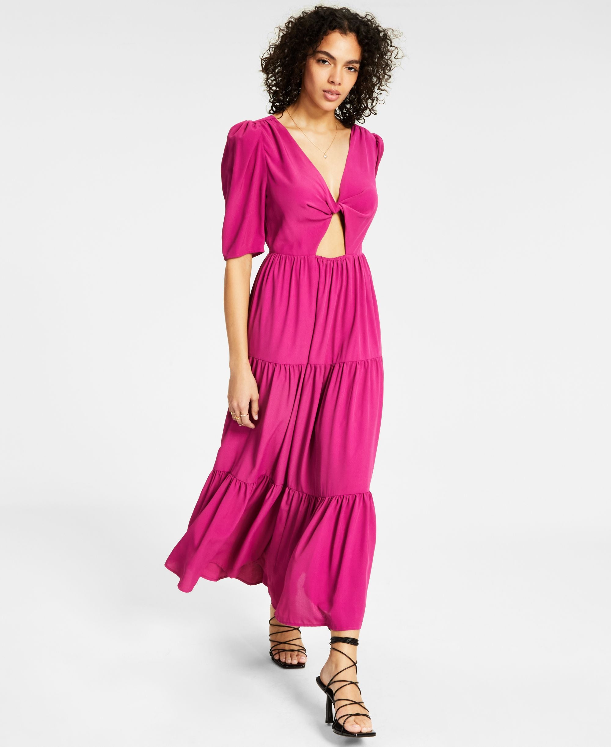 Women's Printed Twist-Front Cut-Out Tiered Keyhole Midi Dress