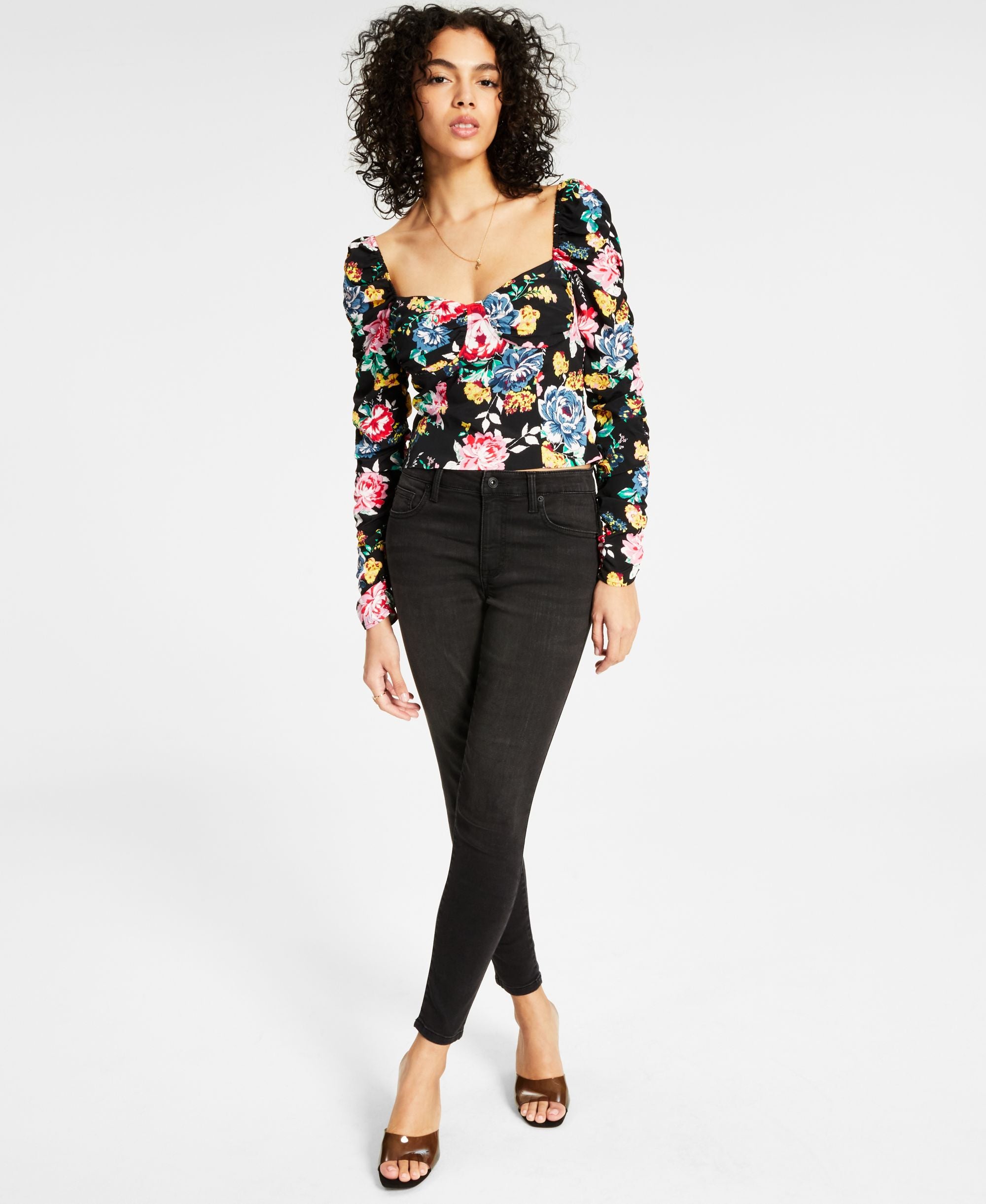 Women's Solid Ruched-Sleeve Cropped Bustier Top