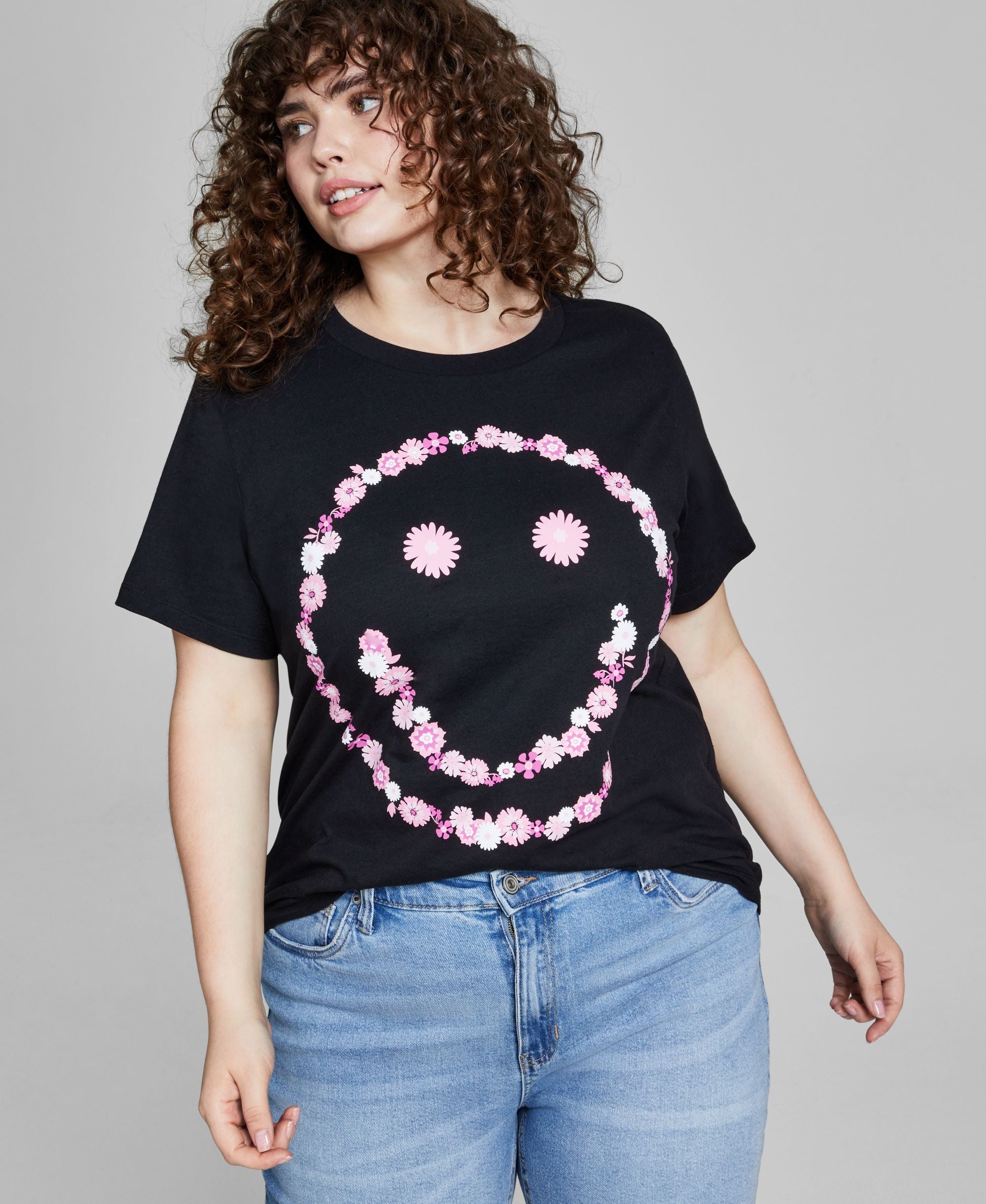 Trendy Plus Size Short-Sleeve Floral Smiley T-Shirt