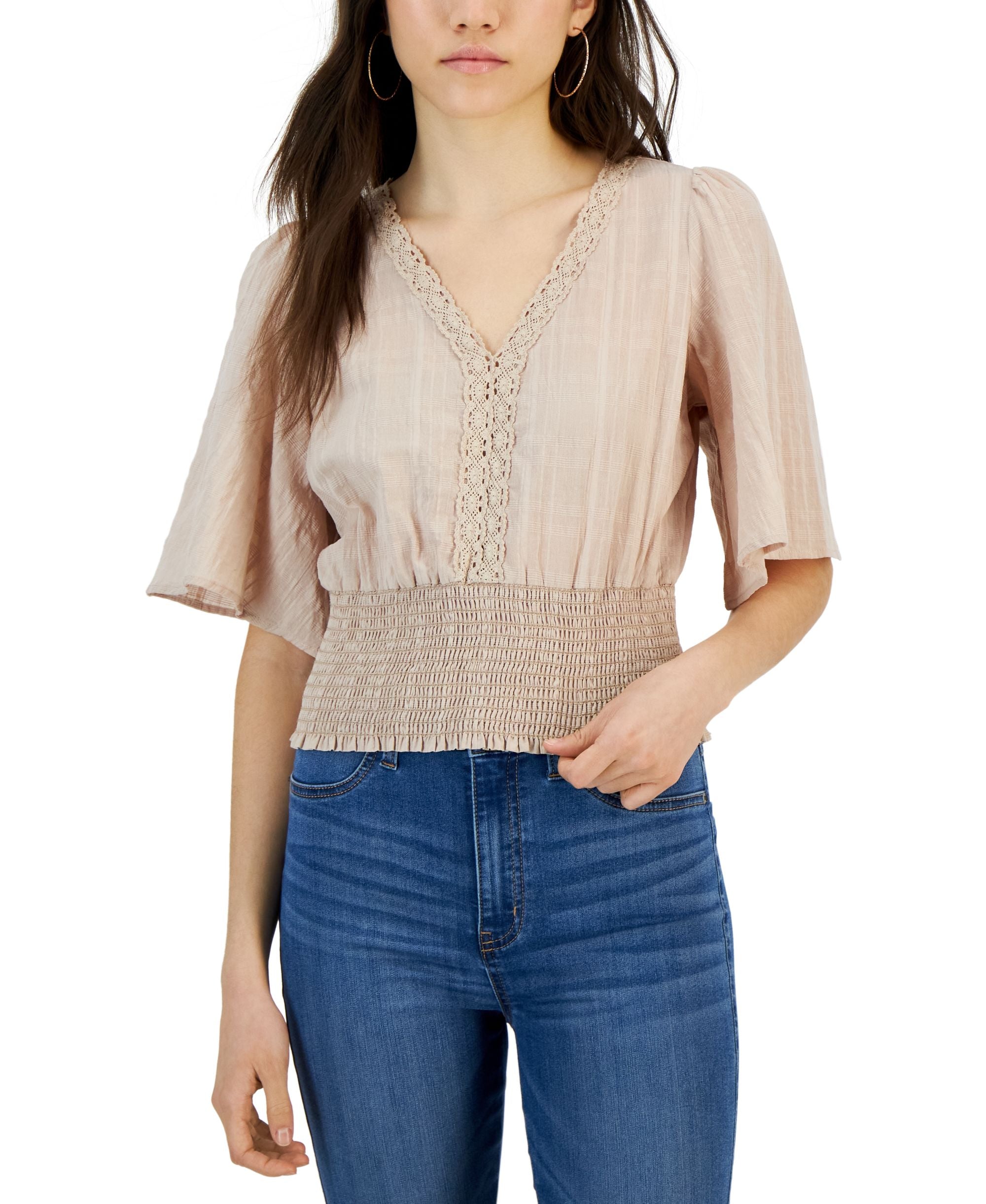 Juniors' Crochet-Trim Tie-Back Top