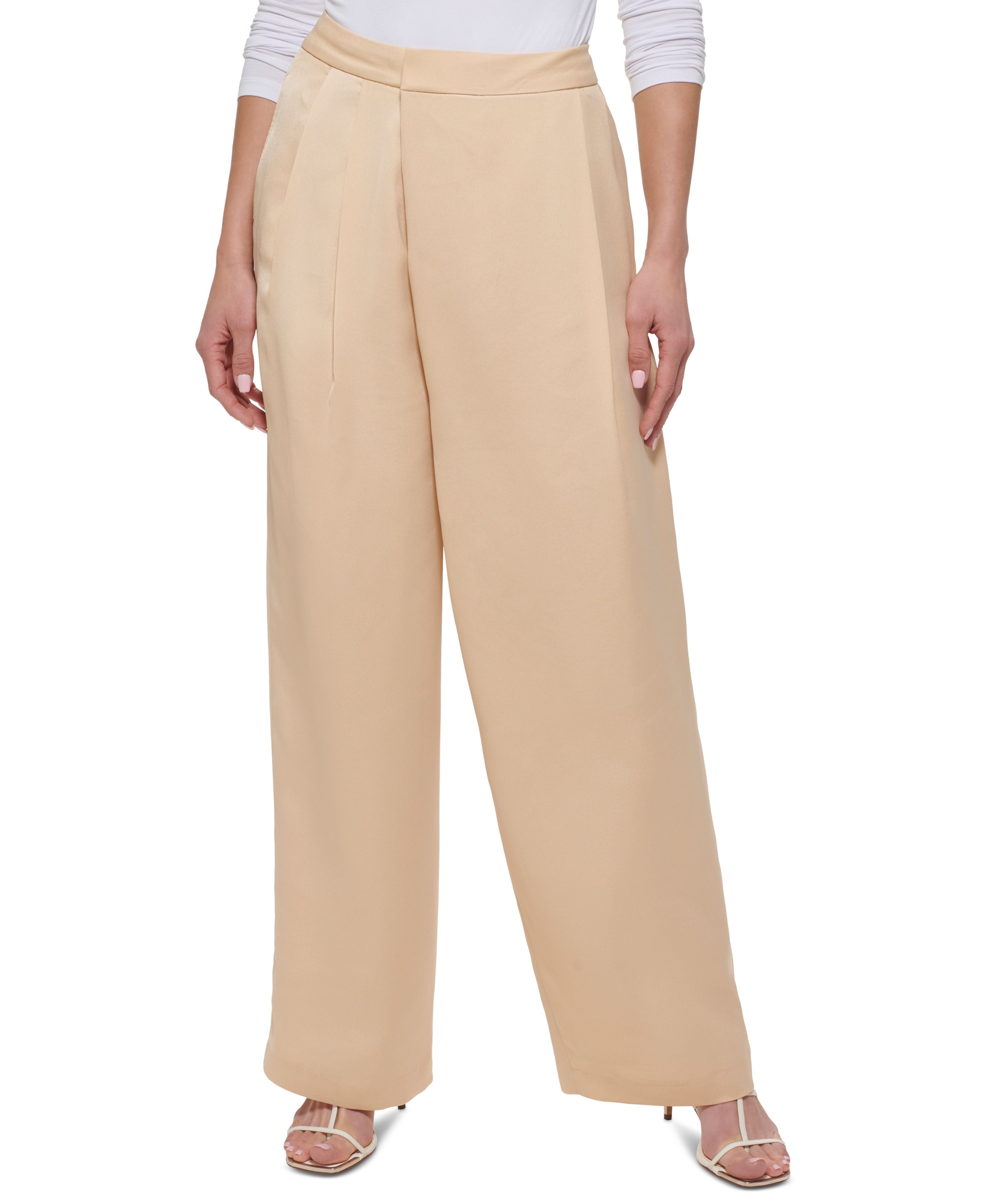 Petite Solid Wide-Leg High-Rise Pleated Pants