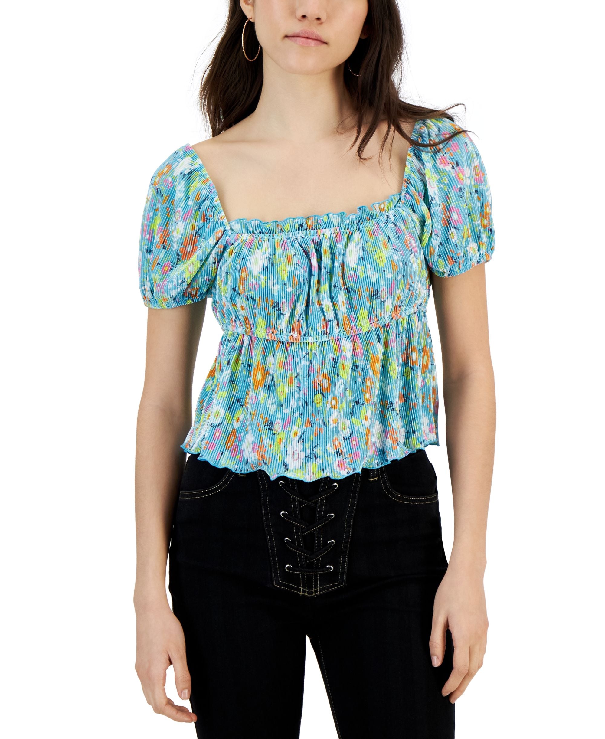 Juniors' Short-Puff-Sleeve Square-Neck Top