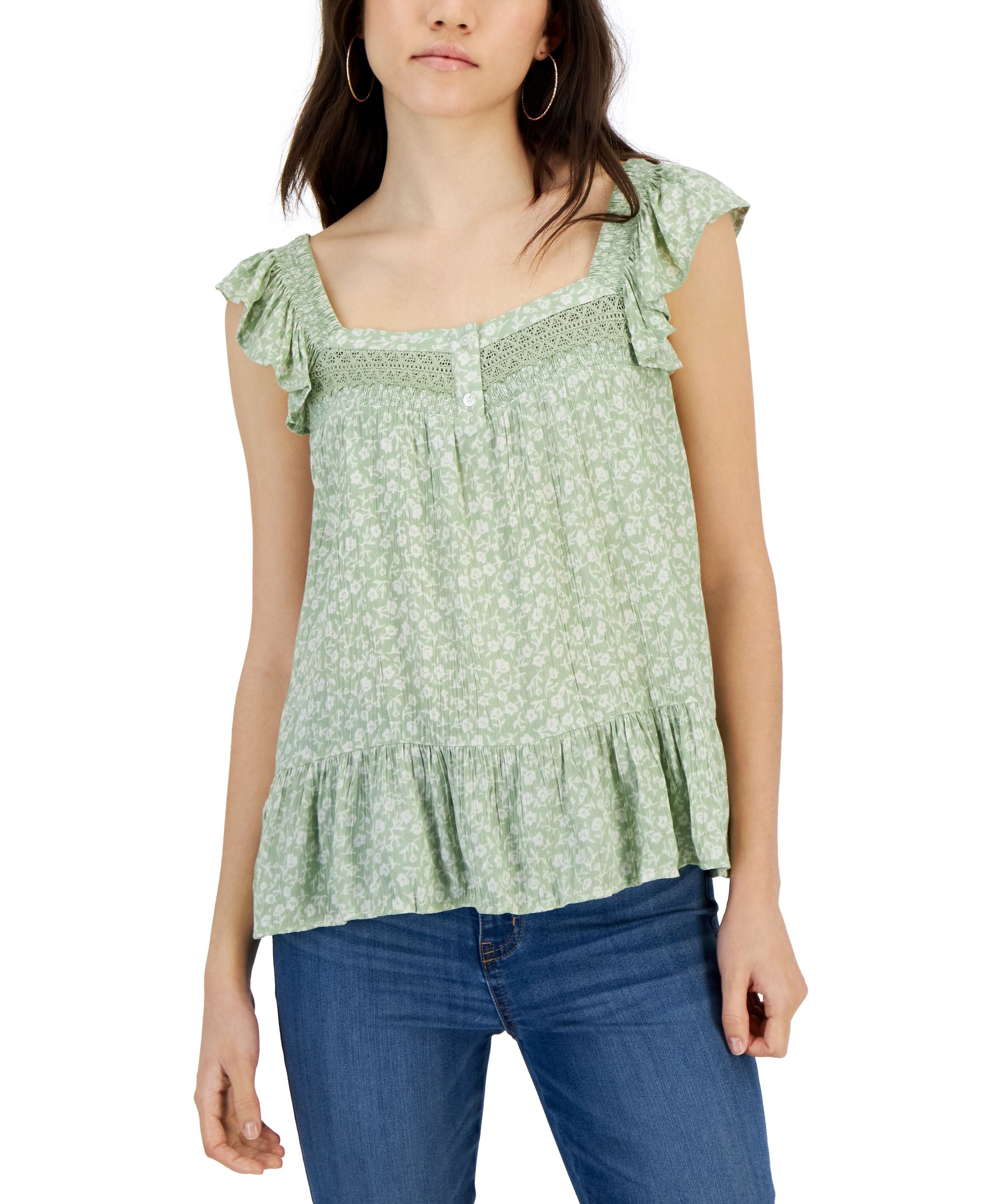 Juniors' Floral-Print Flutter-Sleeve Top