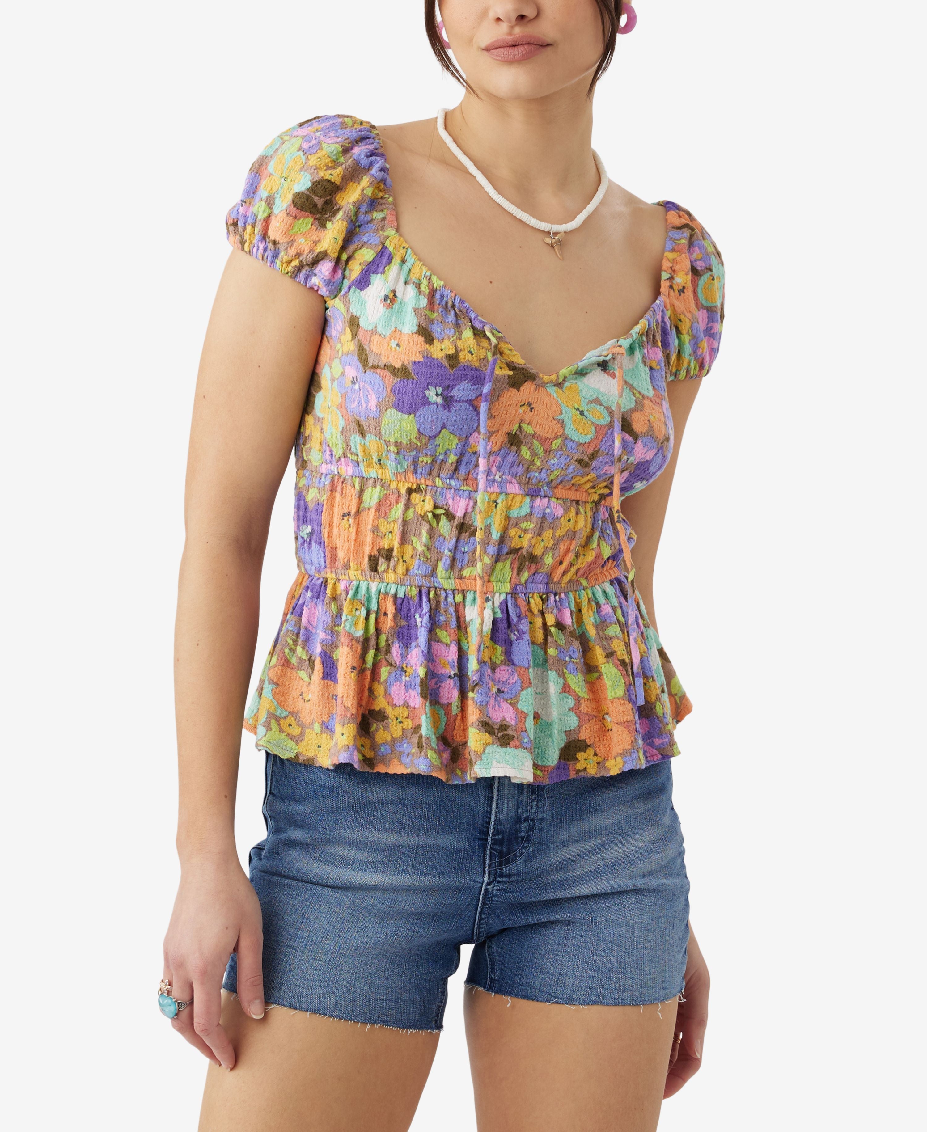 Juniors' Raja Multi-Floral-Print Short-Sleeve Top