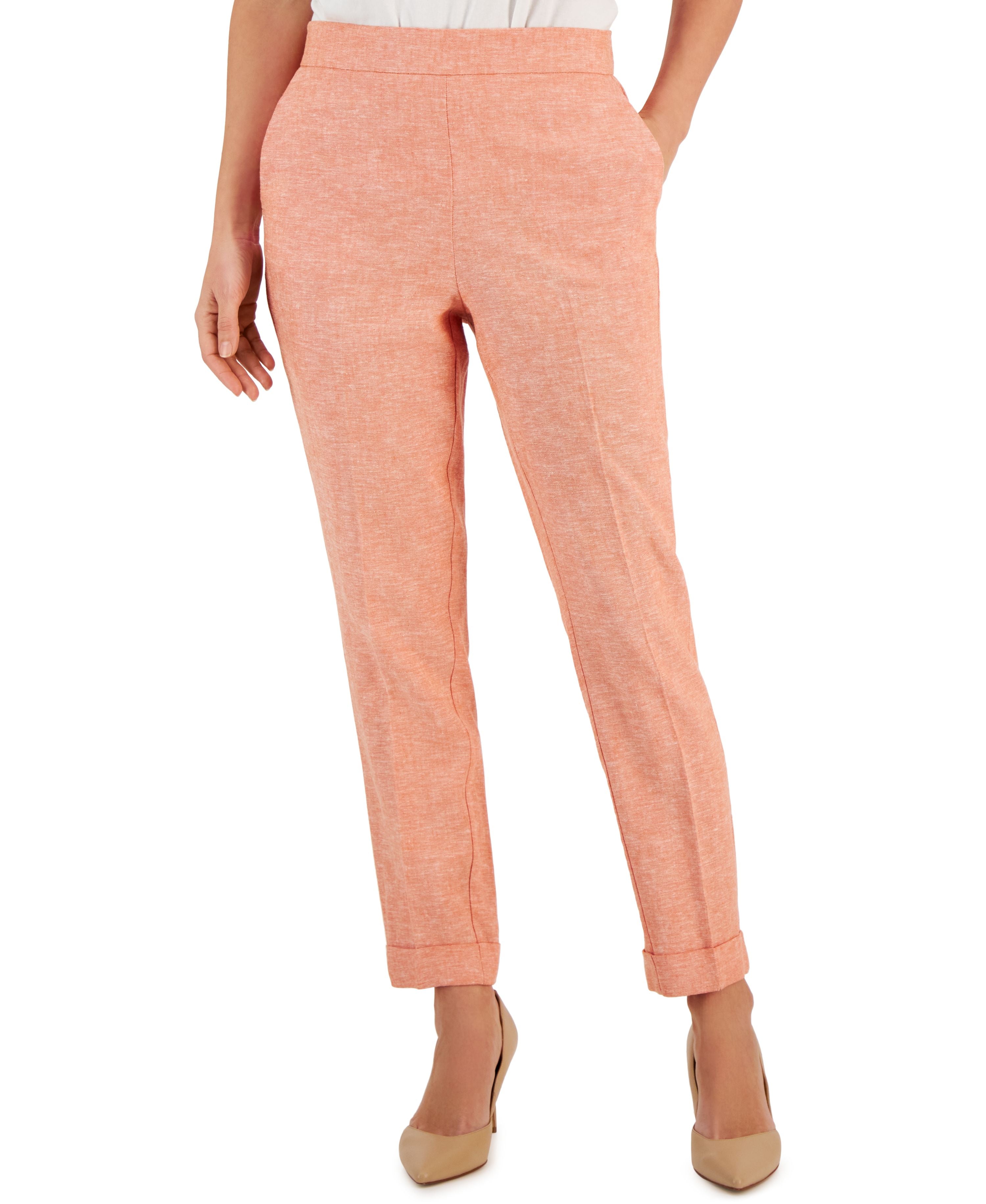 Women's Linen-Blend Mid-Rise Pull-On Cuffed Pants