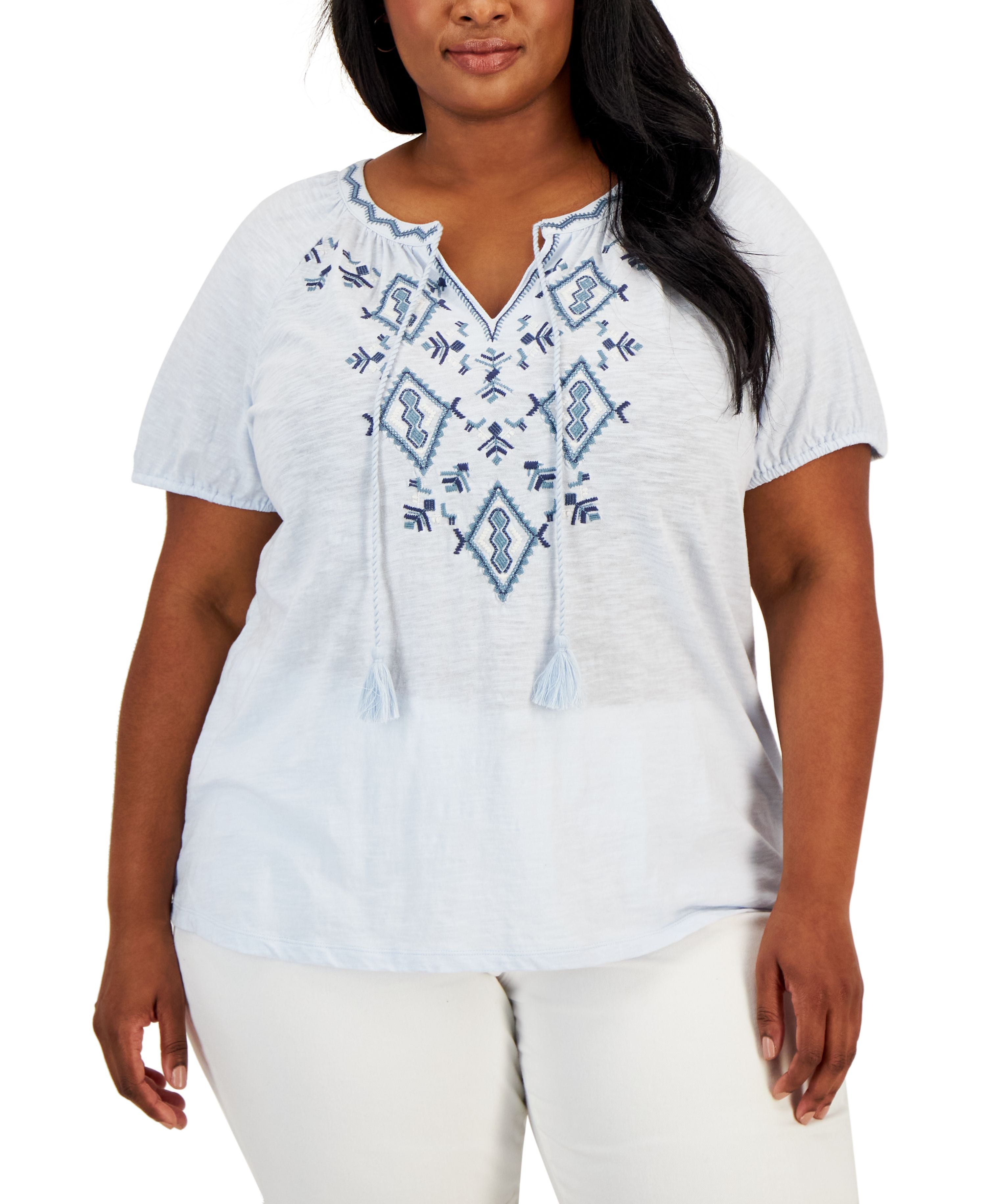 Plus Size Embroidered Split Neck Top