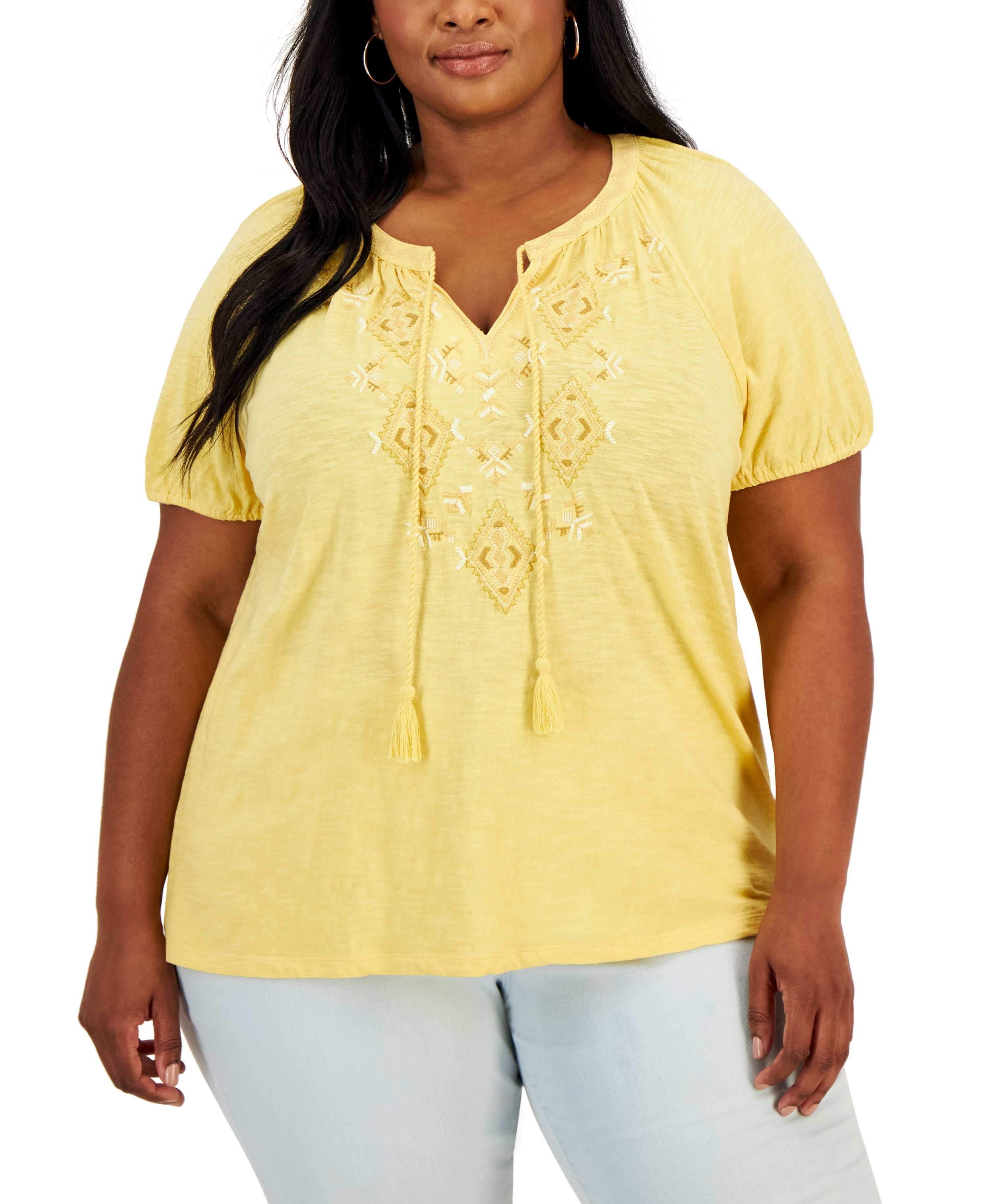 Plus Size Embroidered Split Neck Top
