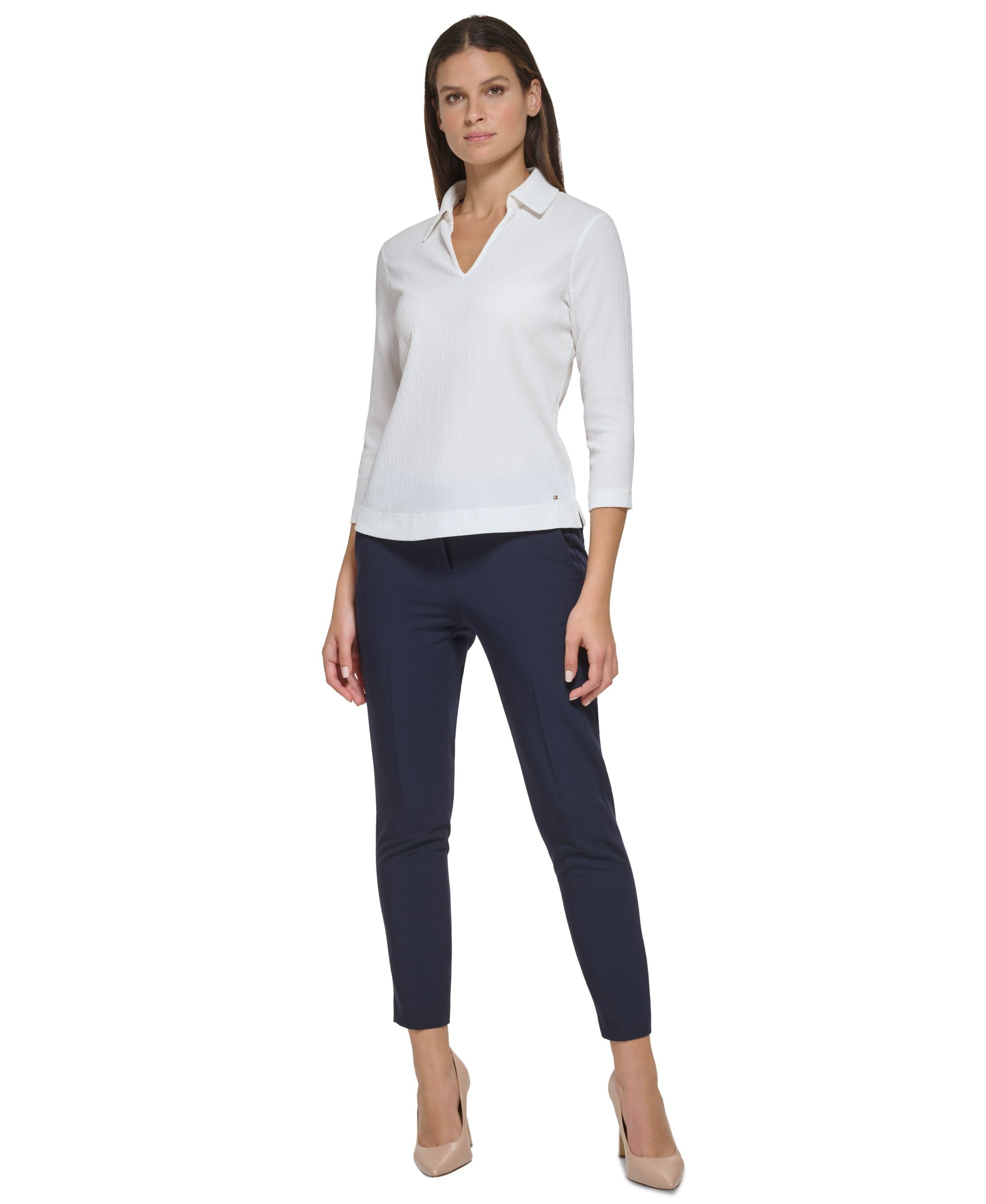 Women's Crinkled Johnny Collar 3/4-Sleeve Top