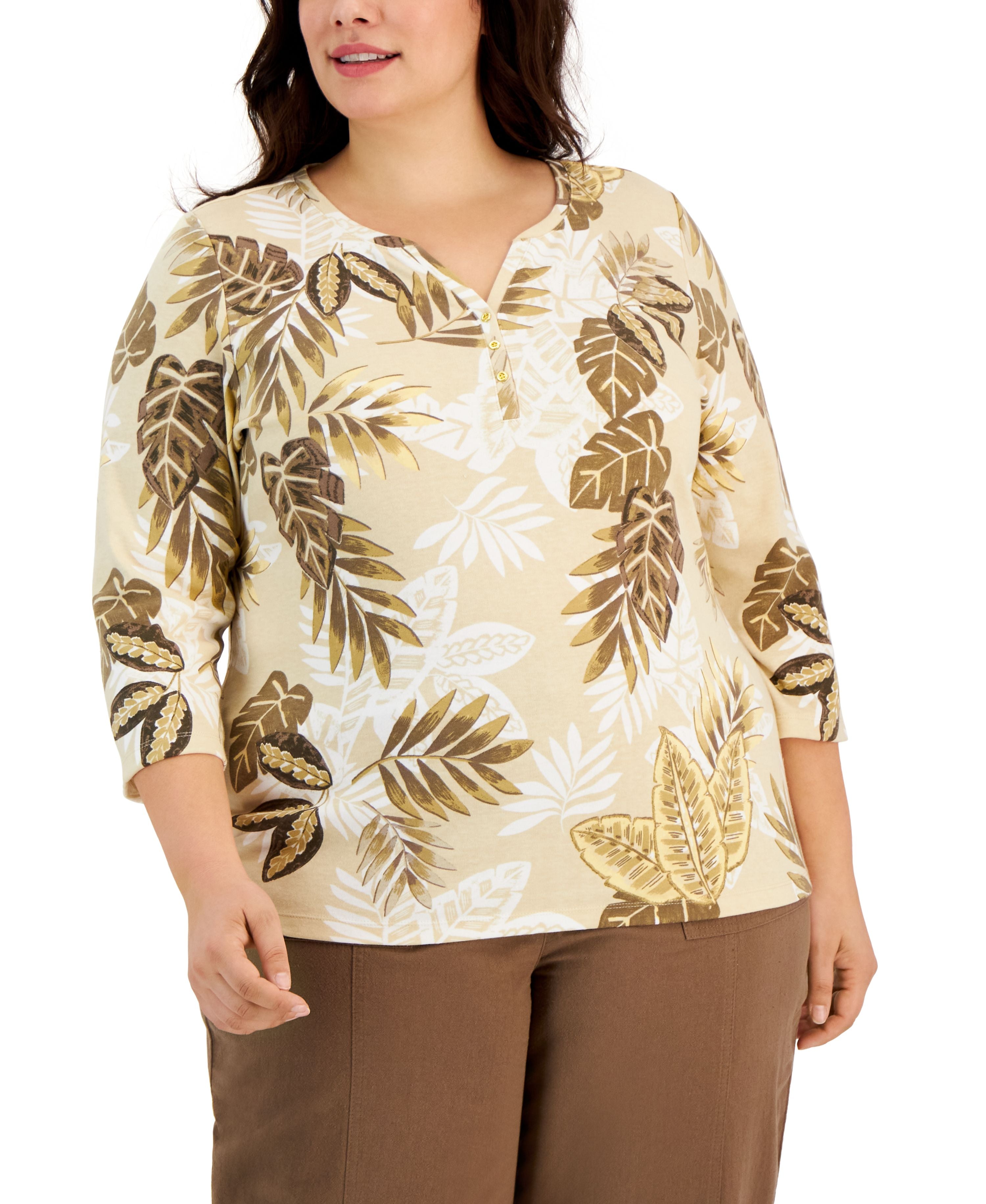 Rio Palm 3/4-Sleeve Henley Top