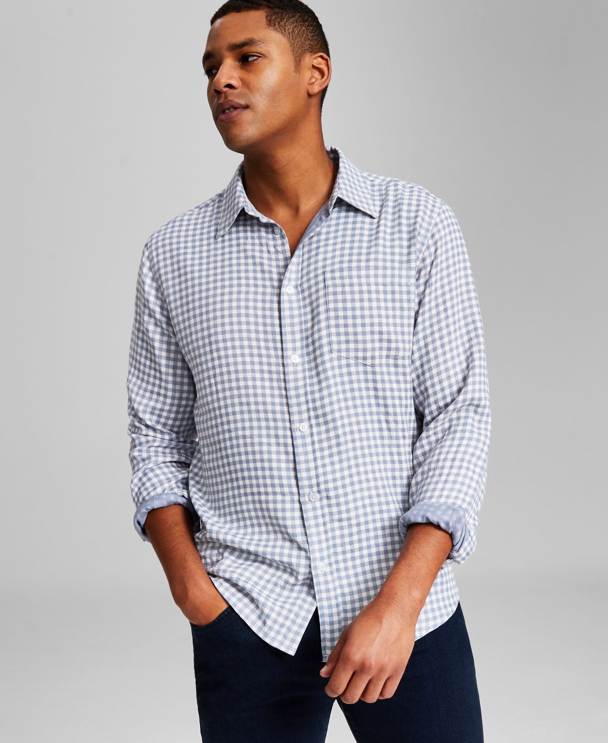 Men's Mini Check Long-Sleeve Button-Up Shirt