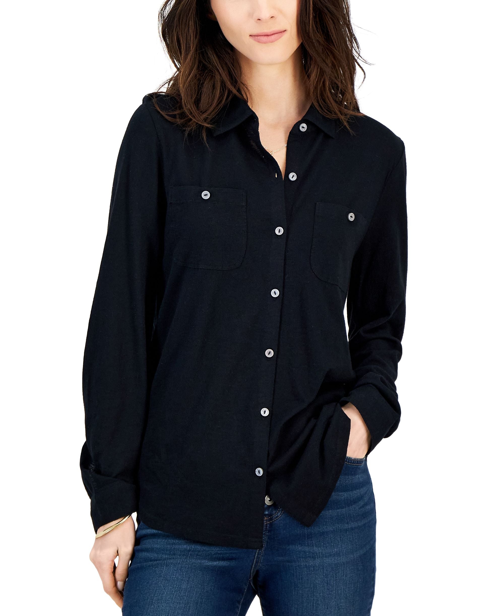 Petite Button-Front Collared Knit Shirt
