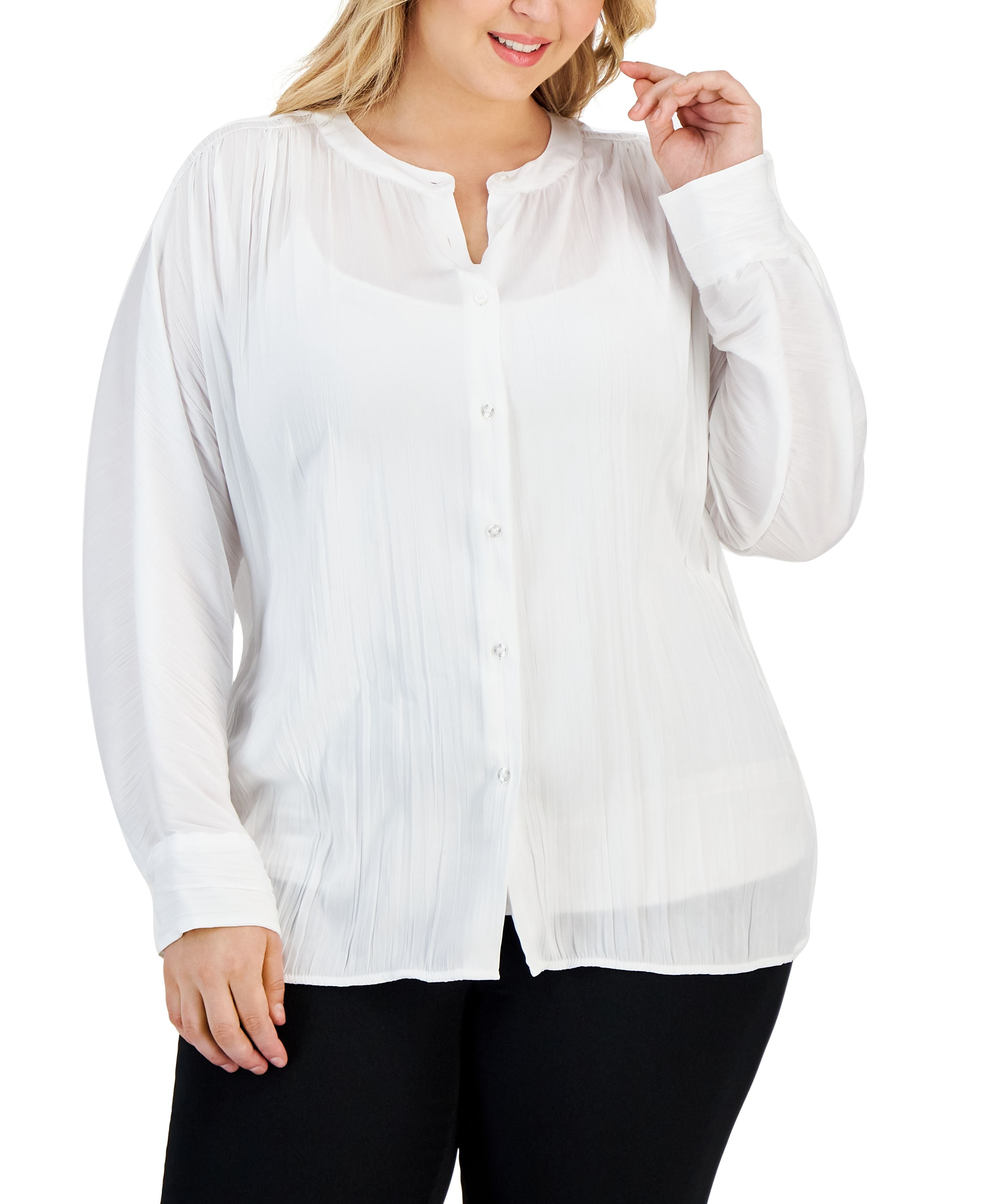 Plus Size Shirred Round-Neck Button-Front Top