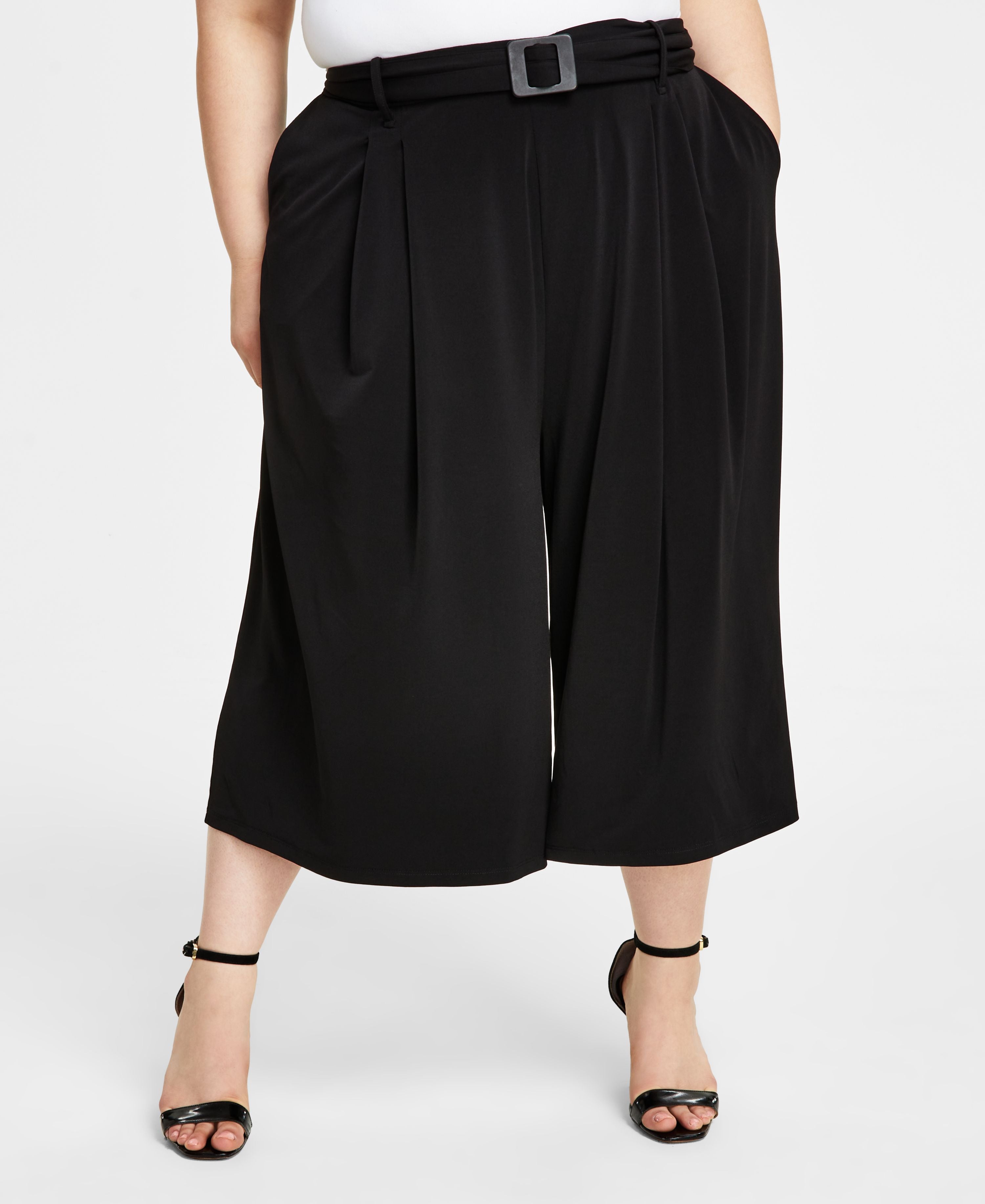 Plus Size Wide-Leg Cropped Belted Pants