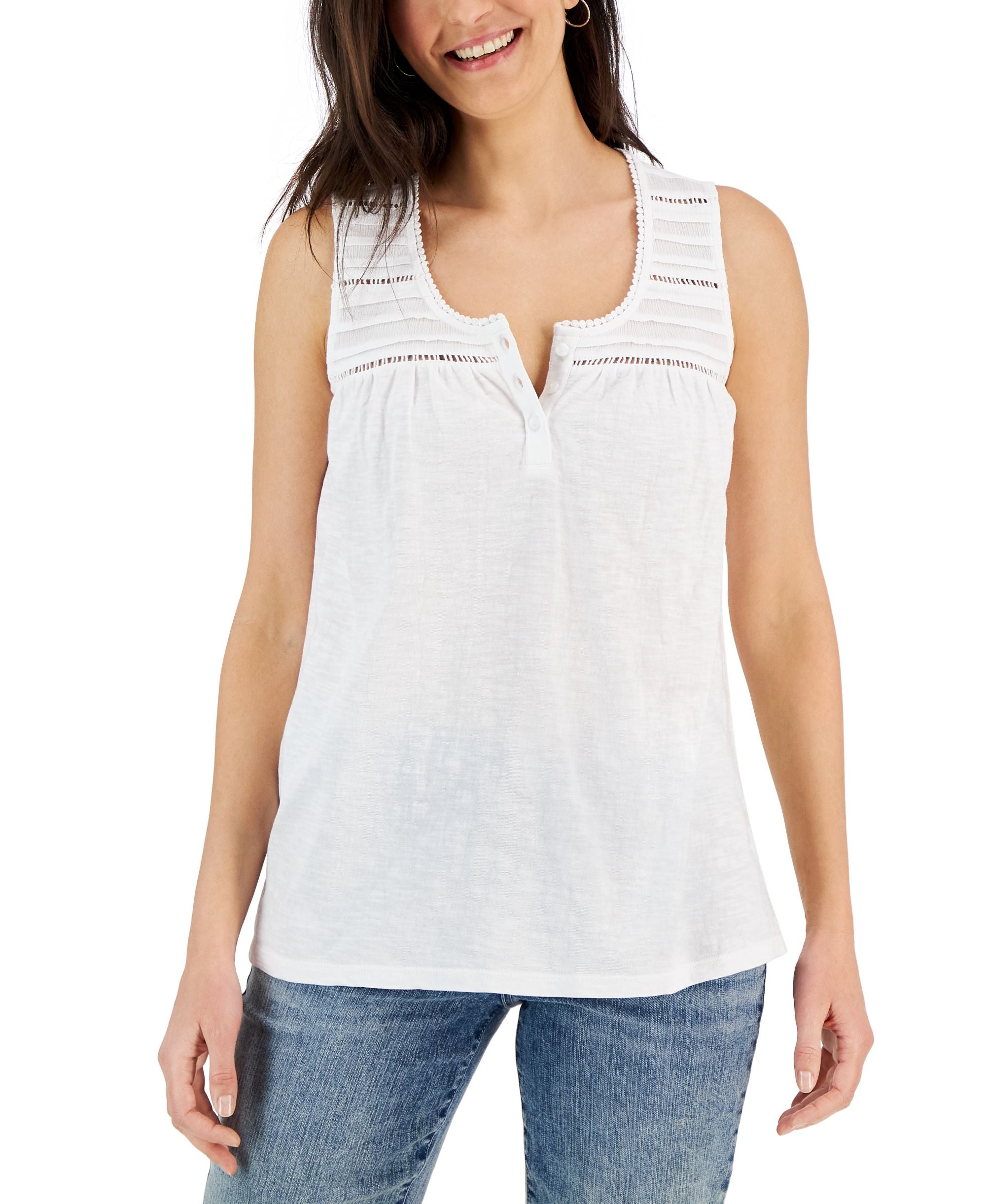 Petite Cotton Crochet-Trimmed Tucked Top