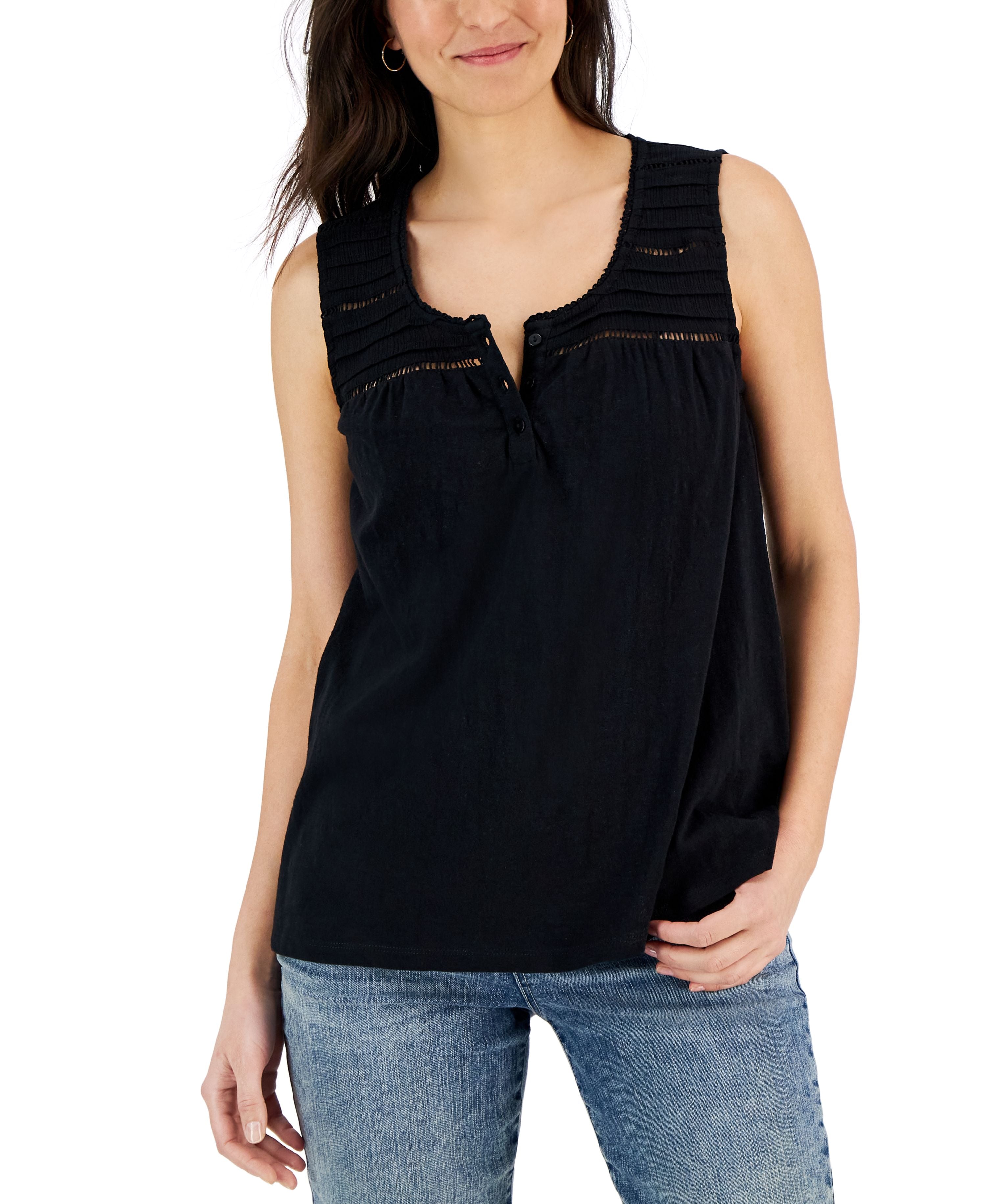 Petite Cotton Crochet-Trimmed Tucked Top