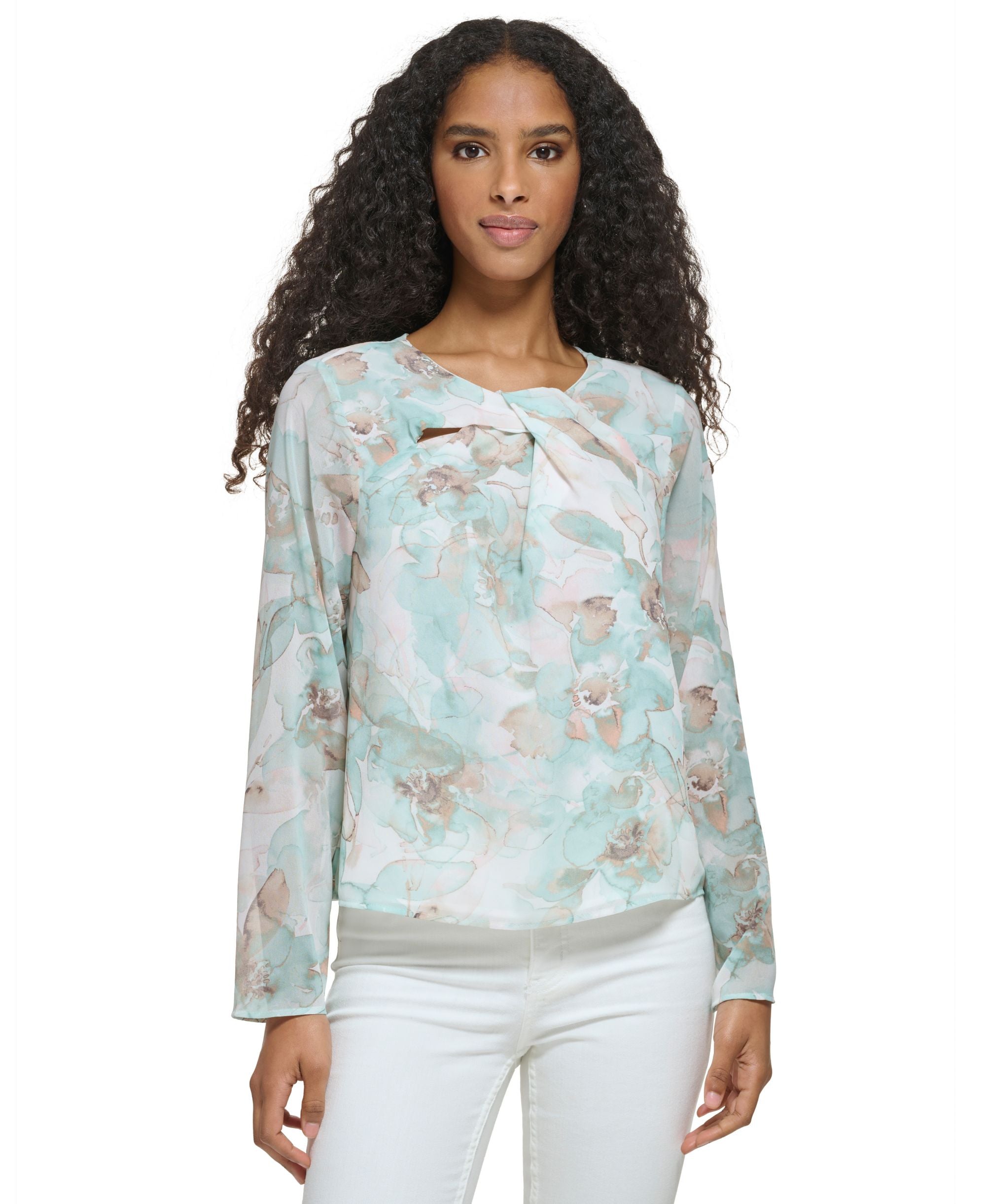 Women's Long Sleeve Printed Twist Neck Chiffon Blouse