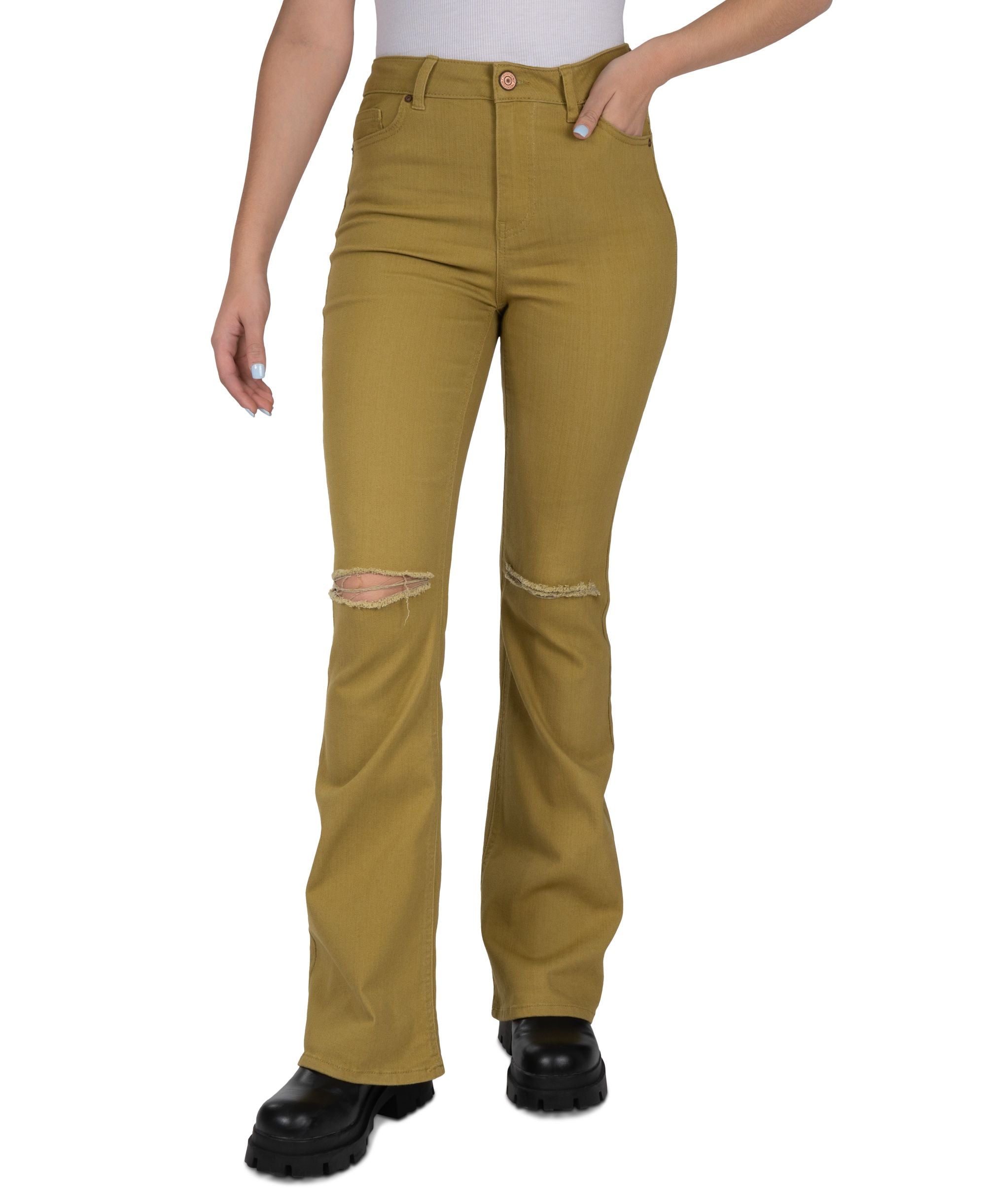 Juniors' High Rise Ripped Flared-Leg Jeans