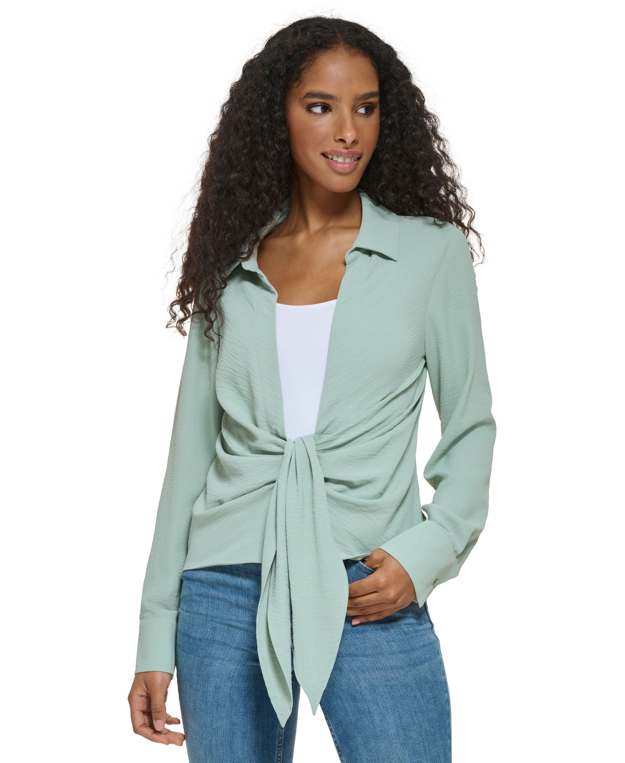 Women's Long Sleeve Tie Front Collared Shirt