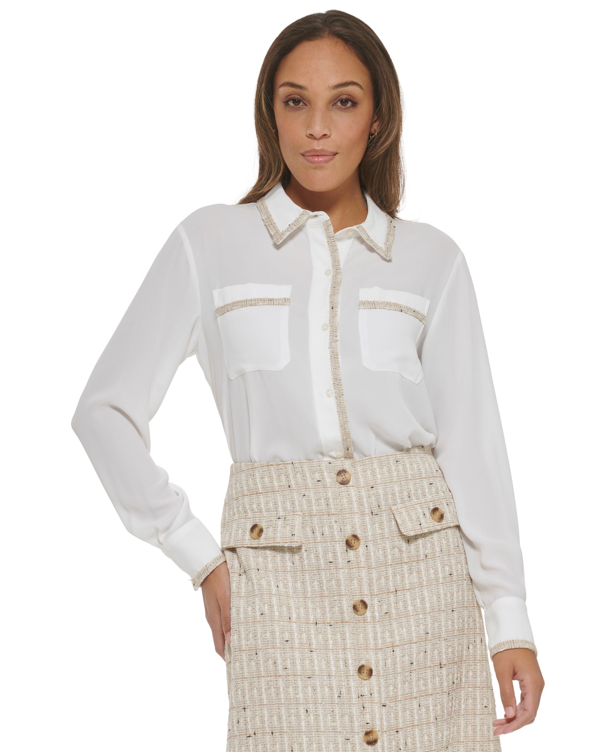 Women's Tweed Trim Button Down Blouse