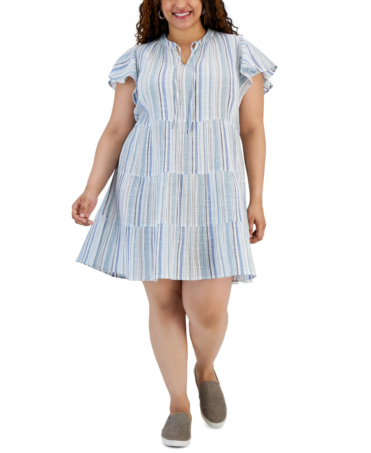 Plus Size Printed Cotton Tiered Shirt Dress