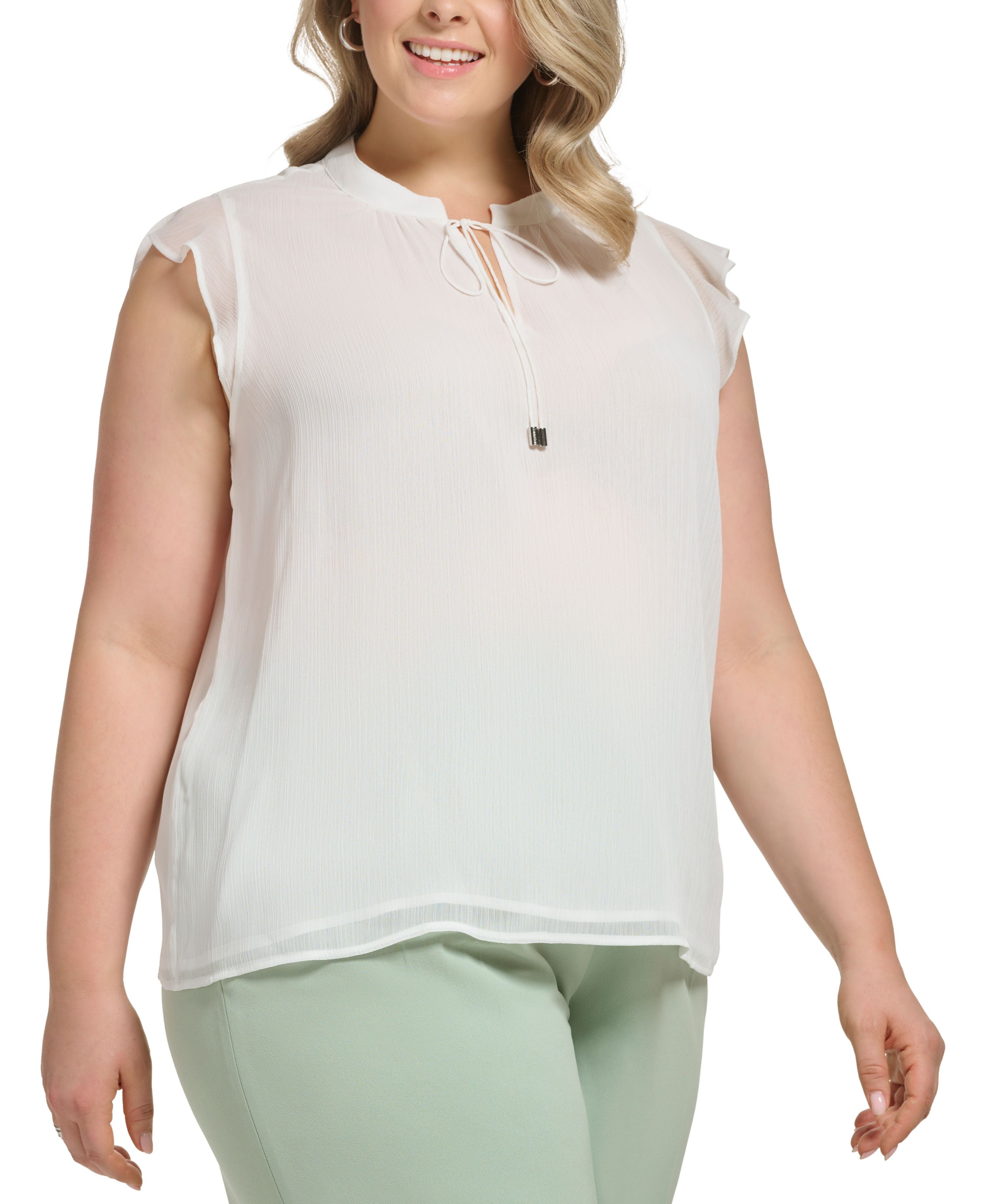 Plus Size Flutter-Sleeve Tie-Neck Blouse